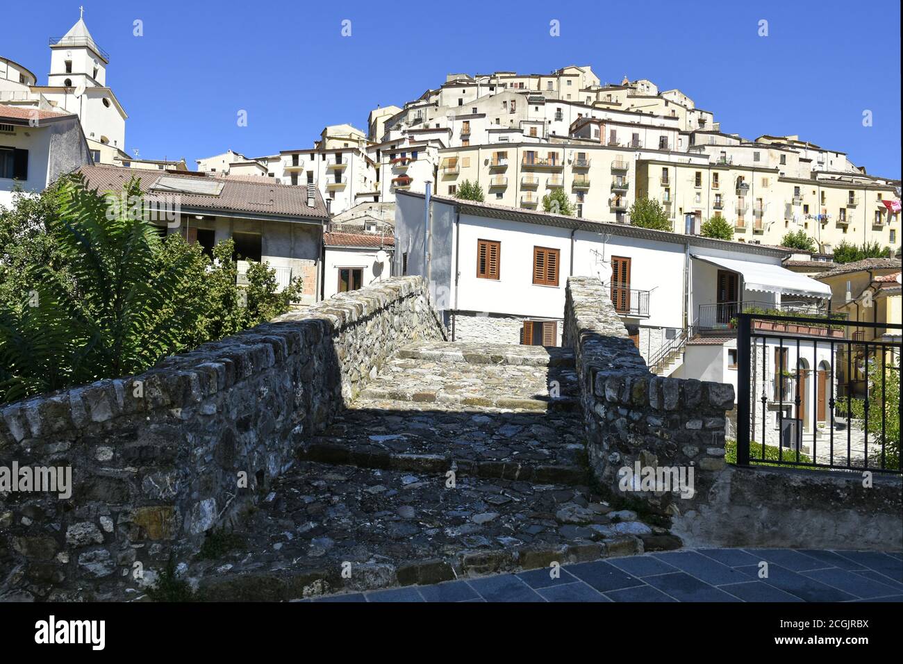 Panoramic view of Calvello, a rural village in the mountains of the ...