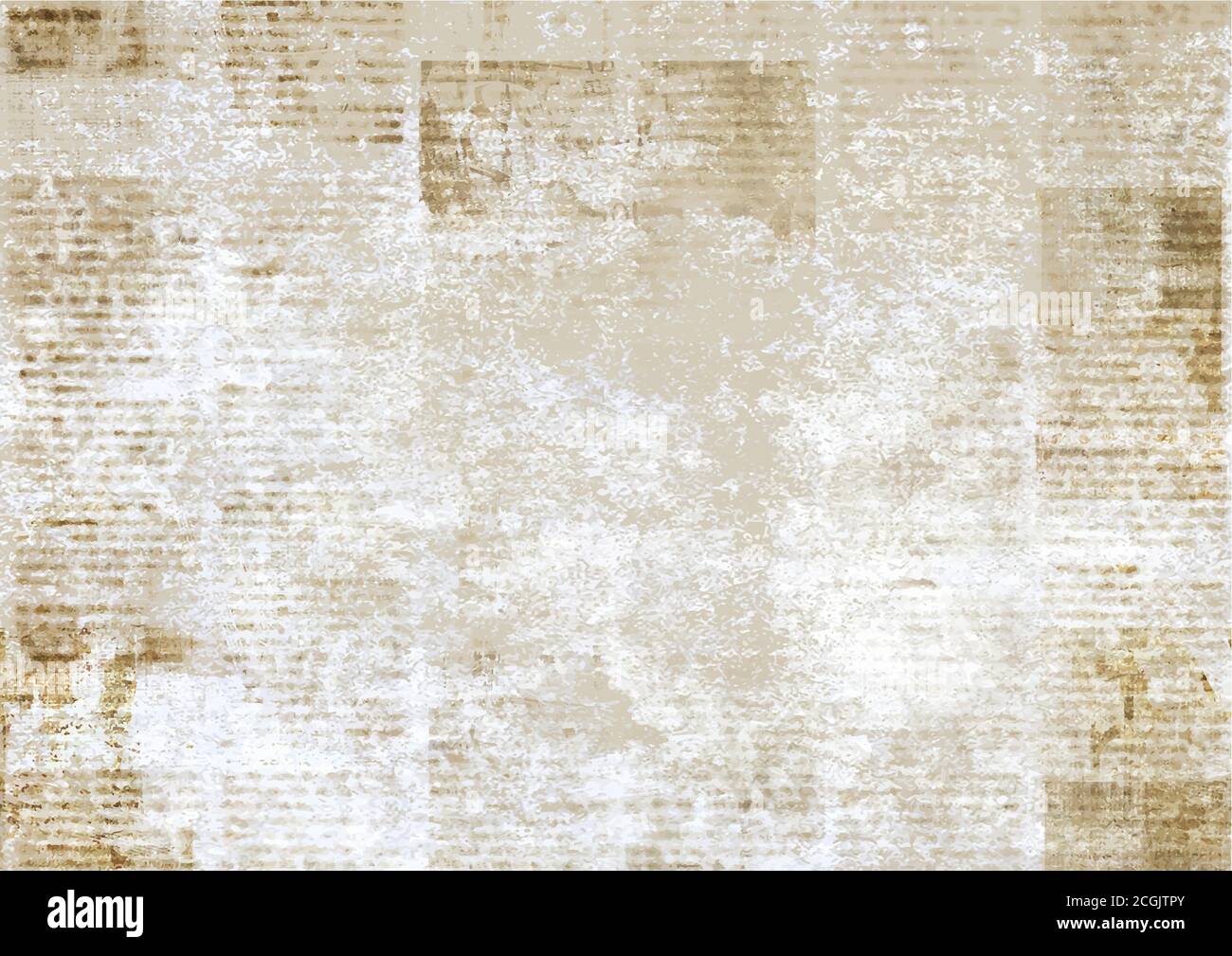 Newspaper with old unreadable text. Vintage grunge blurred paper news texture horizontal scratched background. Textured page. Sepia collage. Front top Stock Vector
