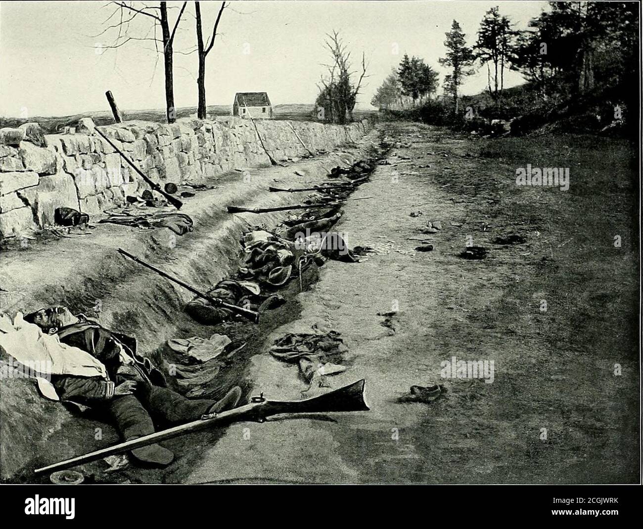 . Original photographs taken on the battlefields during the Civil War of the United States . PHOTOCRAPH TAKEN ON THE RAPPAHANNOCK RIVER AFTER INSTRUCTION OF BRIDGE TO FREDERICKSBURG IN l862. PHOTOGRAPH TAKEN ALONG THE SUNKEN ROAD AT FREDERICKSBURG AFTER THE BATTLE IN 1863 CONFRONTED by sheets offlame, the Union Army madeits attack on Fredericksburgon the morning of the thir-teenth of December, in 1862. TheConfederates occupied the Heightswith a line five and a half miles longand fortified with earthworks andartillery. The Federals movedthrough the town under a heavy fireof Confederate batterie Stock Photo