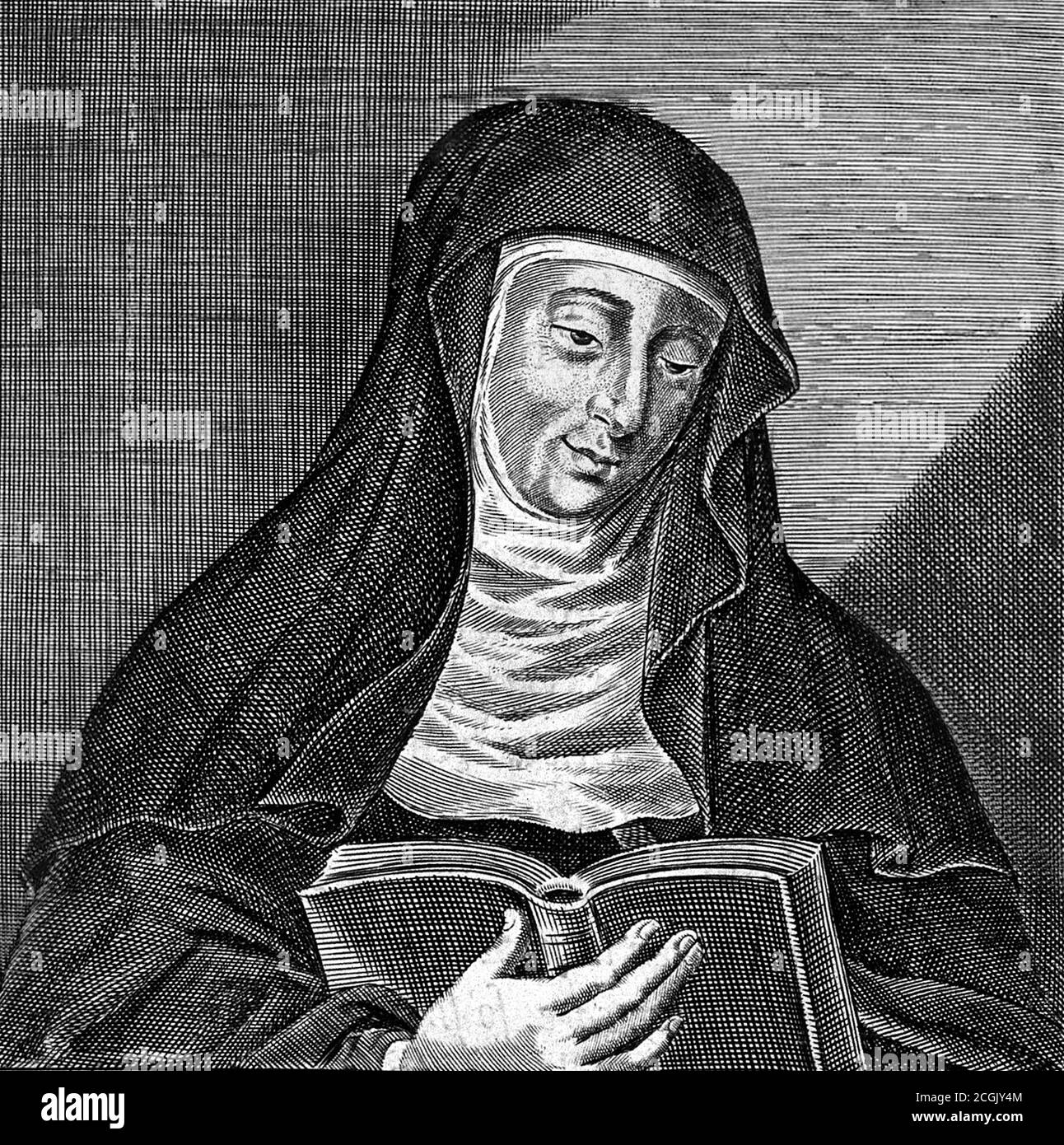 Hildegard of Bingen (Hildegard von Bingen, 1098-1179), also known as Saint Hildegard and the Sibyl of the Rhine, was a German Benedictine abbess. Engraving, c.1642 Stock Photo