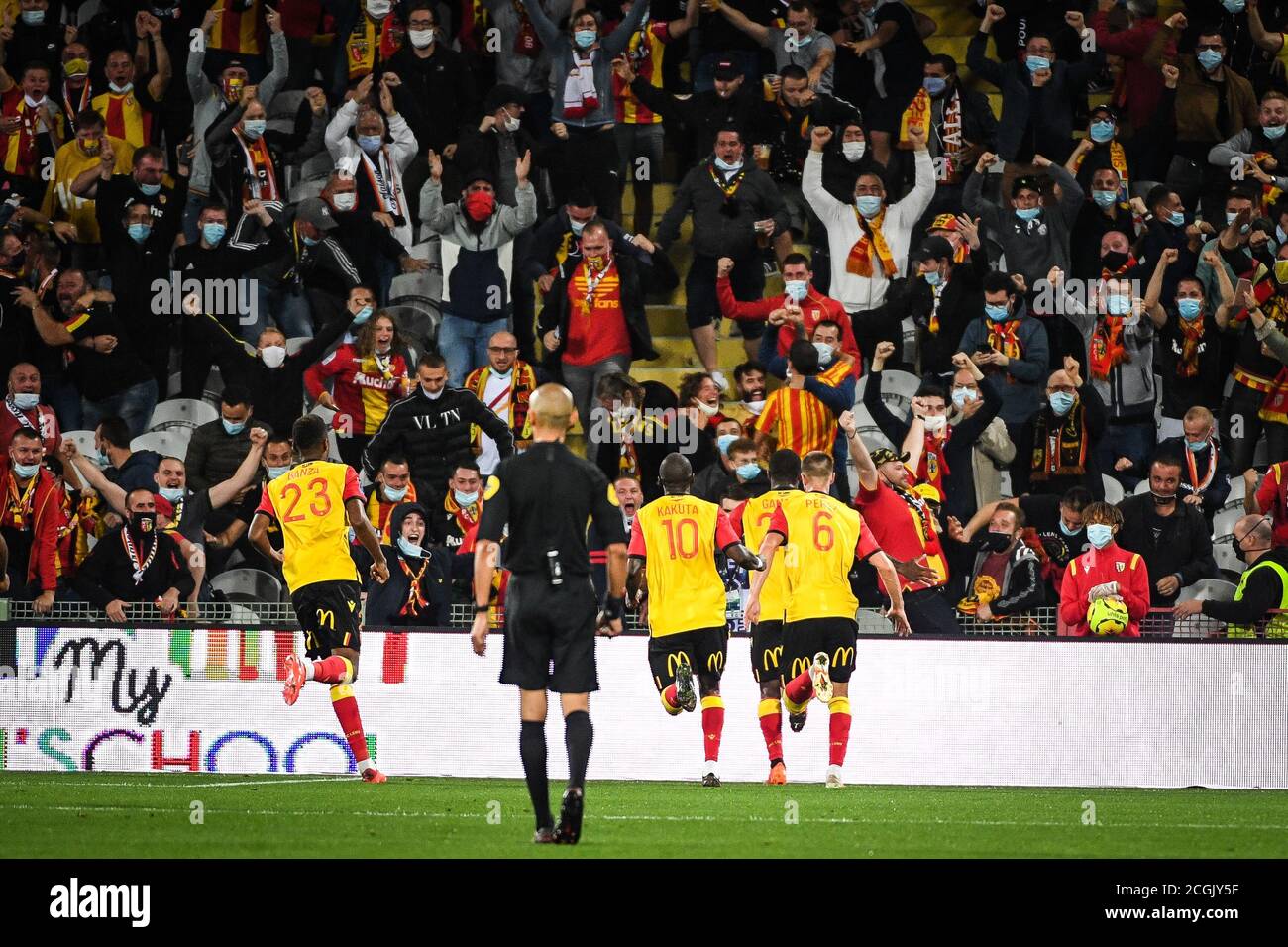 Ignatius Ganago of Lens celebrate his goal with teammates and the supporters during the French championship Ligue 1 football match between RC Lens and Stock Photo