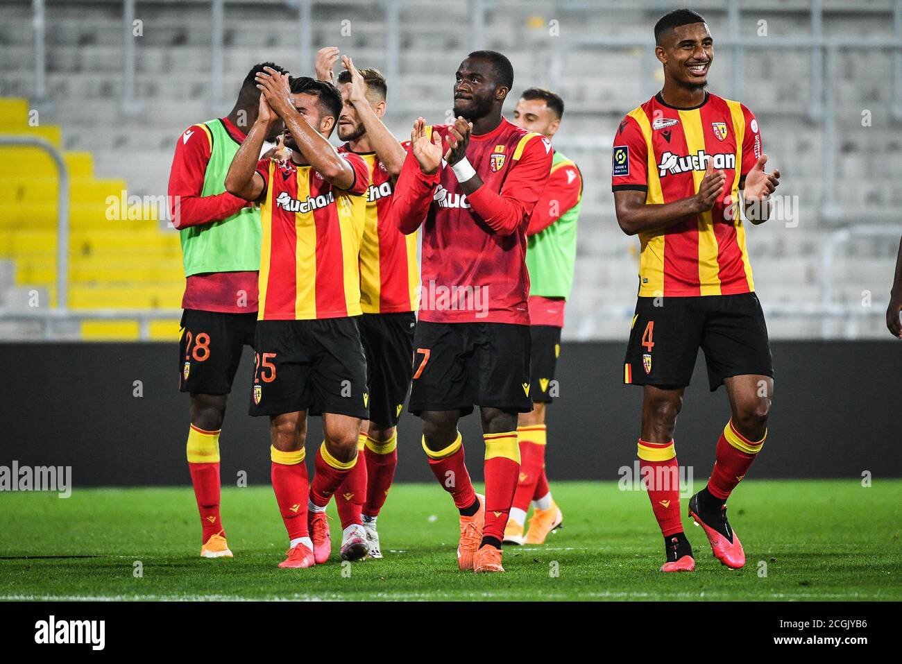 Ignatius GANAGO of Lens celebrates with teammates the victory during the French championship Ligue 1 football match between RC Lens and Paris Saint-Ge Stock Photo
