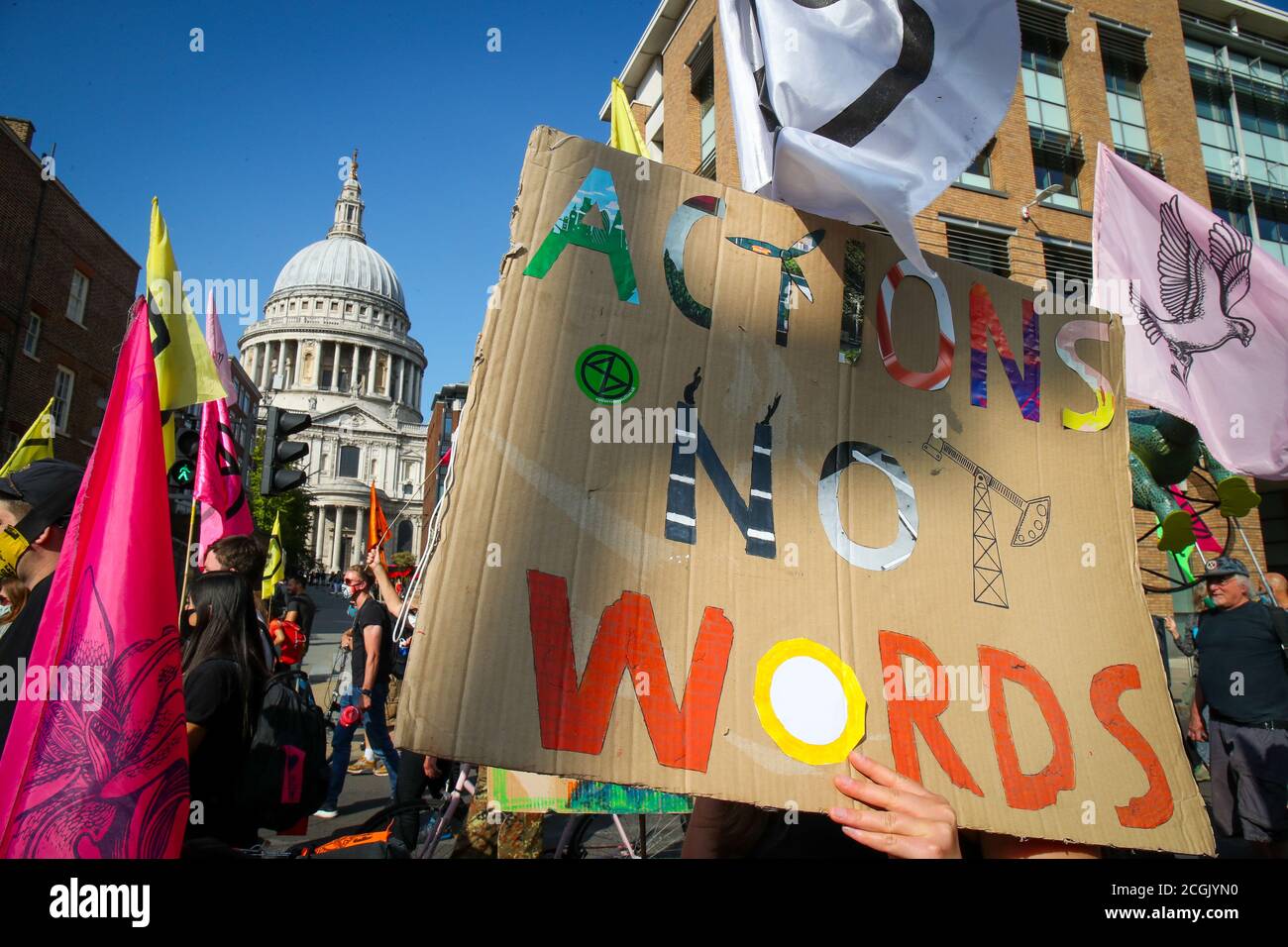 LONDON, ENGLAND, SEPTEMBER 10 2020, Activists of international climate action group Extinction Rebellion protest in Parliament Square on the final of Stock Photo