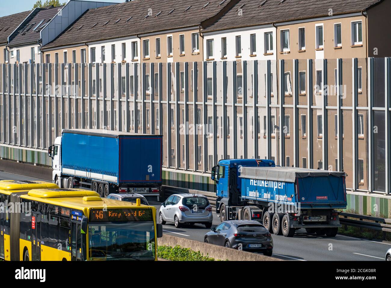 The freeway A40, Ruhrschnellweg, in Essen, residential buildings directly at the freeway, glass noise barriers, Dorstfelder Strasse, bus lane, at the Stock Photo