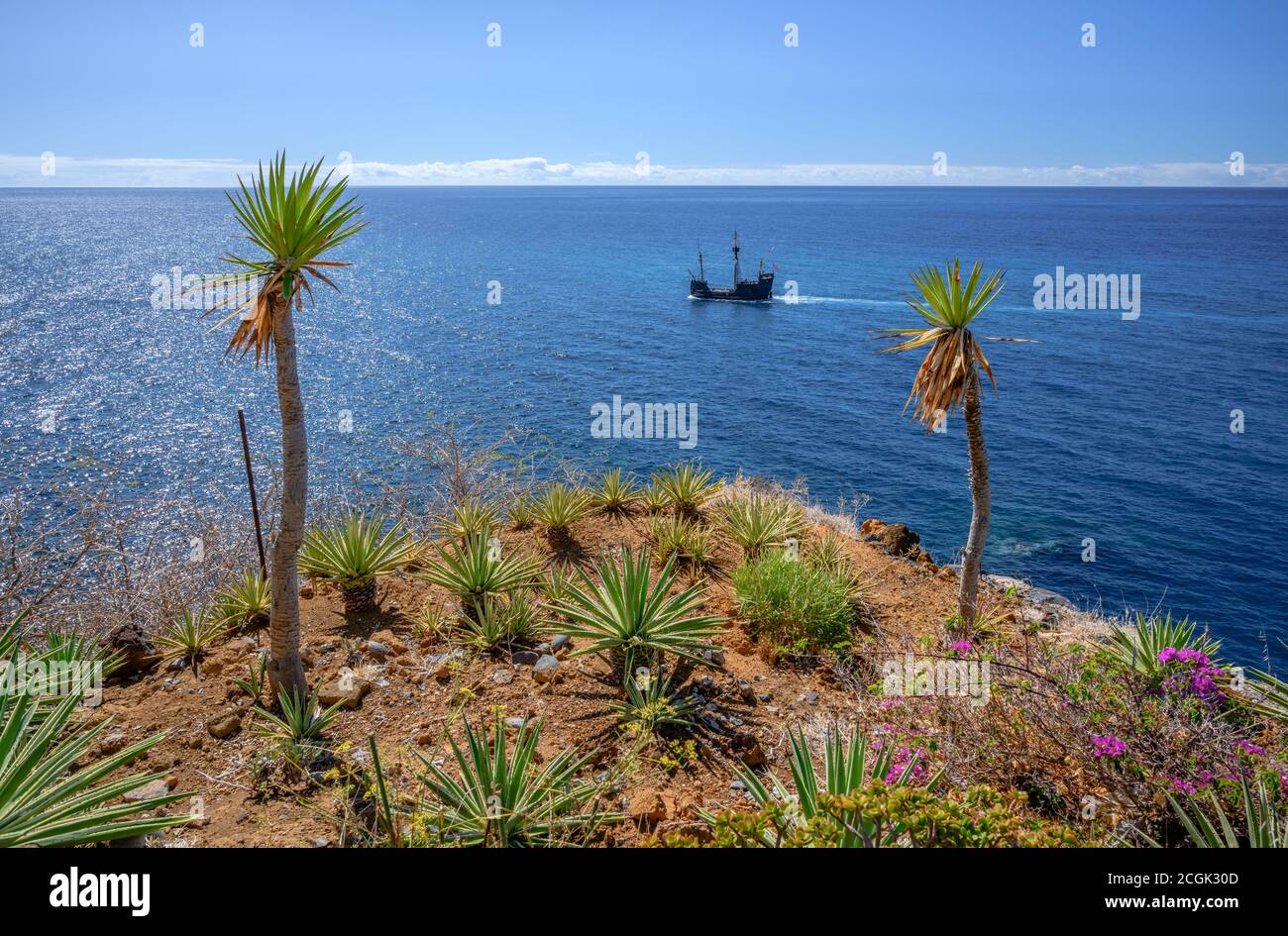 Replica Santa Maria sailing ship near Camara de Lobos, Madeira Stock Photo