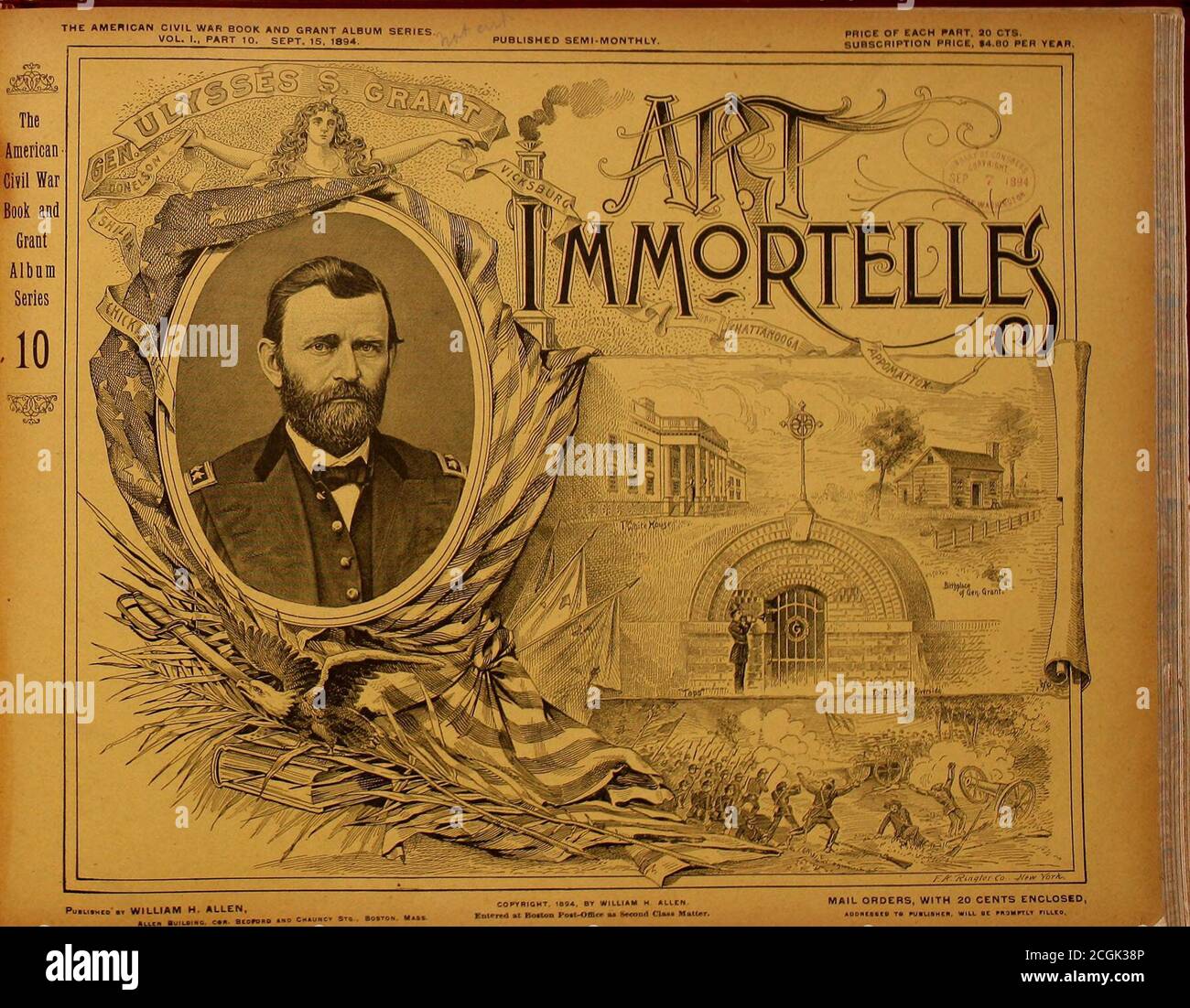 . The American civil war book and Grant album, 'art immortelles' . gswellat present represents the Sixth District Of Massachusetts in theHouse of Representatives, Washington, 1&gt;. C. It). A Klool of Army Transports on tho Tennessee River, 1863. 11. Smokestack of tho Confederate War Vessel Albemarle,* showingtlif effects of the fire from the Union War Ships. 1l. United Stales Army Hospital, Alexandria, Va., 1863. 1.1. The Wounded Drummer Boy. Supposed to be the youngest boyin the United States Army. It. Fairfax Court House, Virginia, so well known to the old soldiersof tho Army of tho Potomac Stock Photo