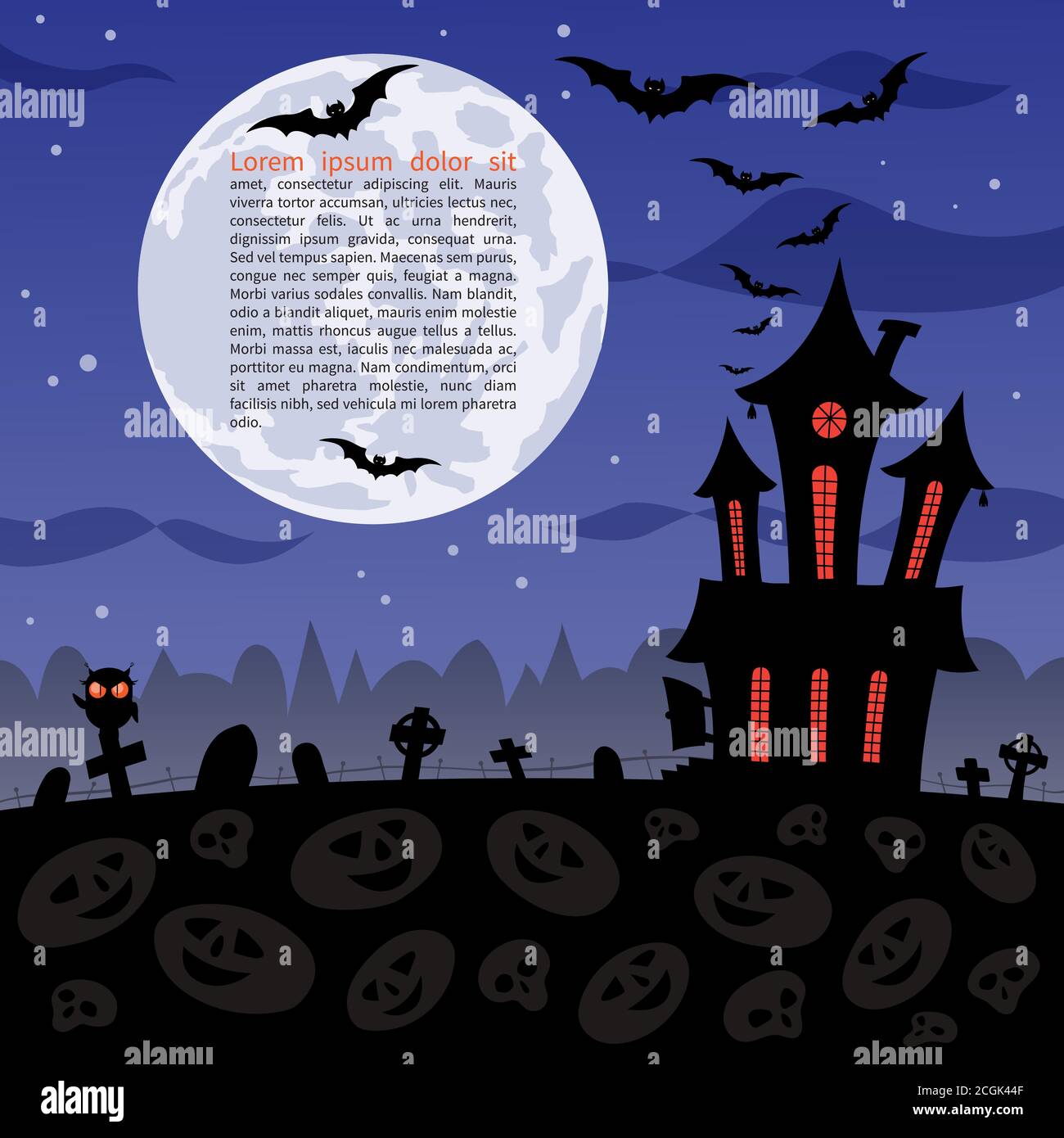 Halloween party background with haunted house, graves, bats, owl and full moon Stock Vector