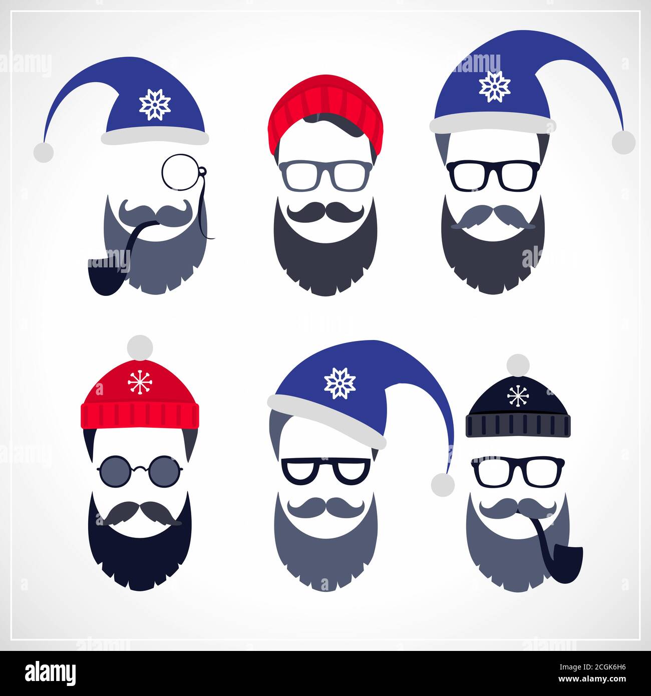 Vector set of faces with Santa hats, mustache and beards. Various doodles Christmas Santa design elements. Holiday icons Stock Vector