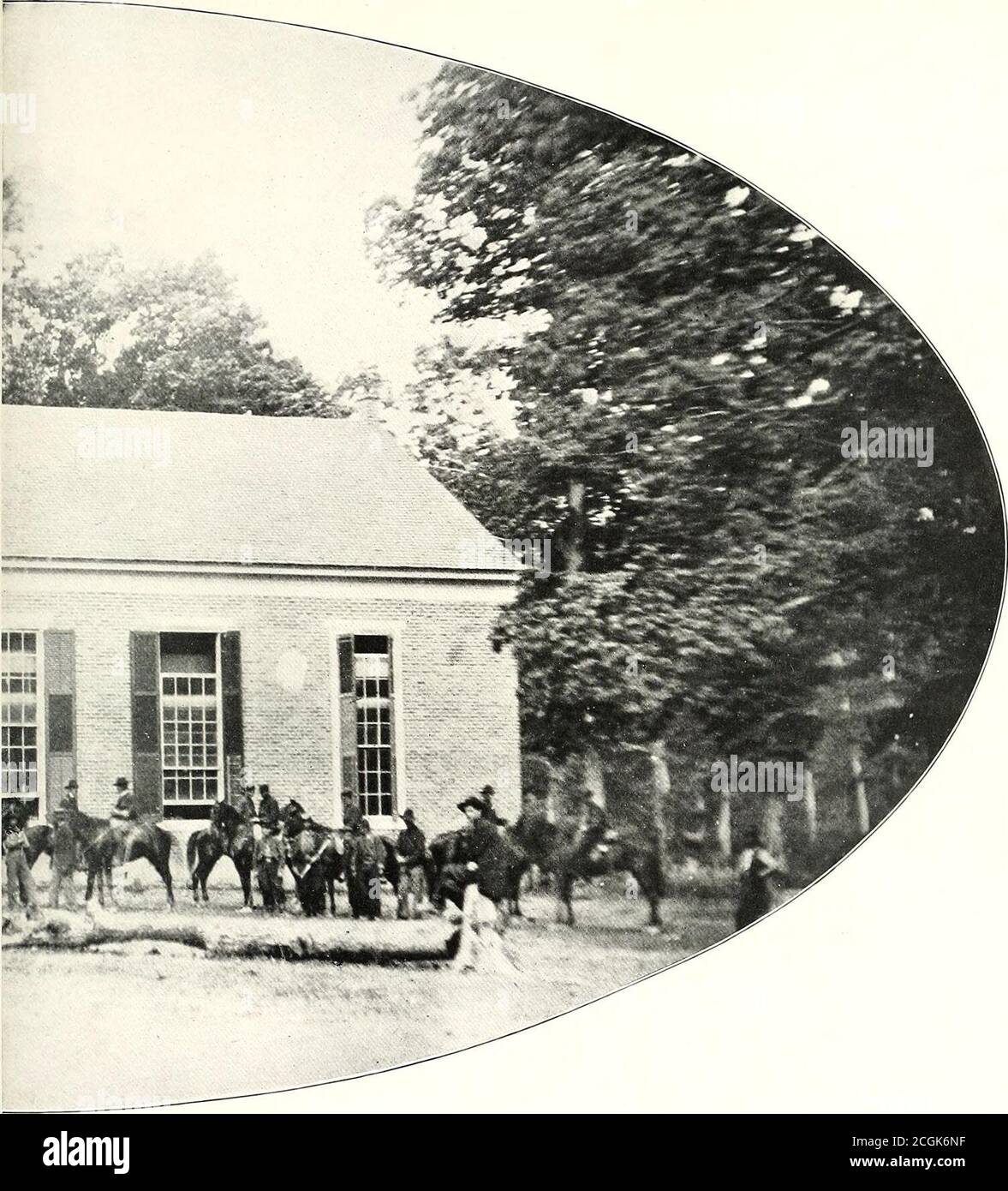 . The photographic history of the Civil War : in ten volumes . HORSES THAT CARRIED THE ORDERS OF THE GEXERAL-IX-CHIEF Crack horses were a first requisite for Grants staff, escort, and couriers. This photograph shows severalat Bethseda Church, the little Virginia meeting-house where the staff had halted the day before Cold Har-bor. The staff consisted of fourteen officers only, and was not larger than that of some division com-manders. Brigadier-General John A. Rawlins was the chief. Grants instructions to his staff showed thevalue that he placed upon celerity and the overcoming of delays in co Stock Photo