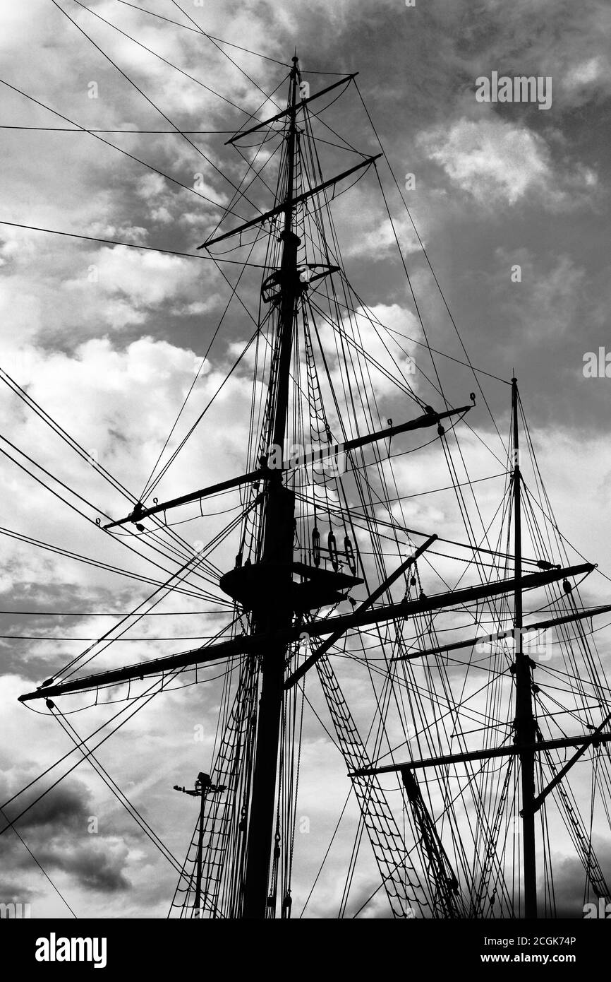 Tall ship masts and rigging on HMS Stock Photo Alamy