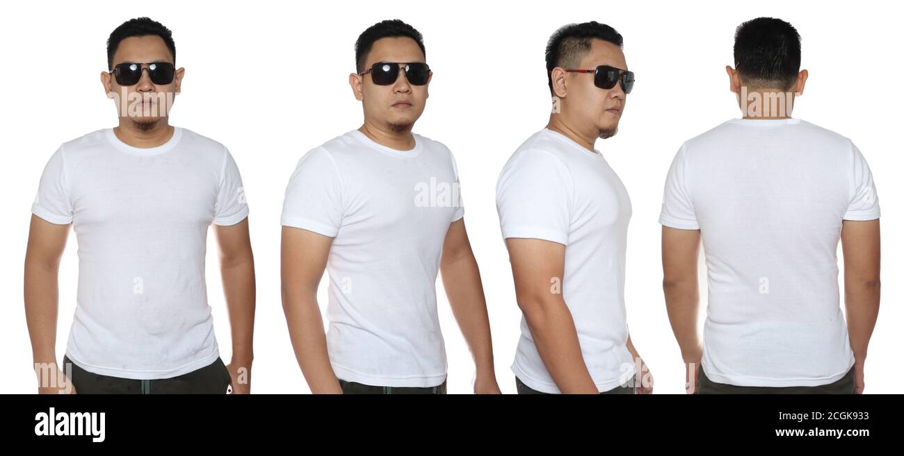 White t-shirt mock up, front, side and back view, isolated. Male model wear  plain white shirt mockup. Tshirt design template for print Stock Photo -  Alamy