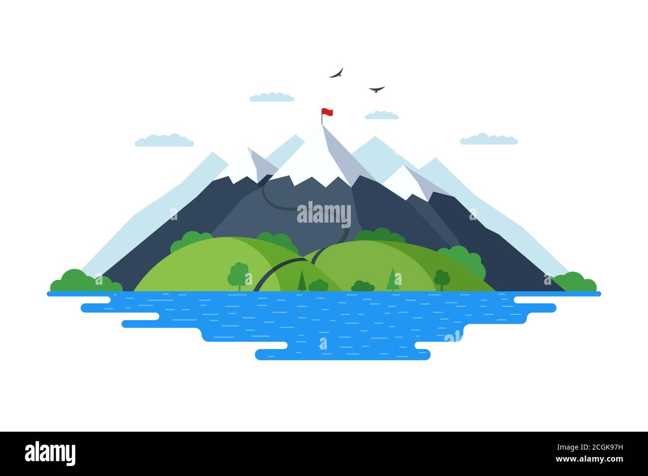 High mountain with green hills forest and blue lake nature landscape flat vector illustration. Climbers route trail to rock top and red flag on peak Stock Vector