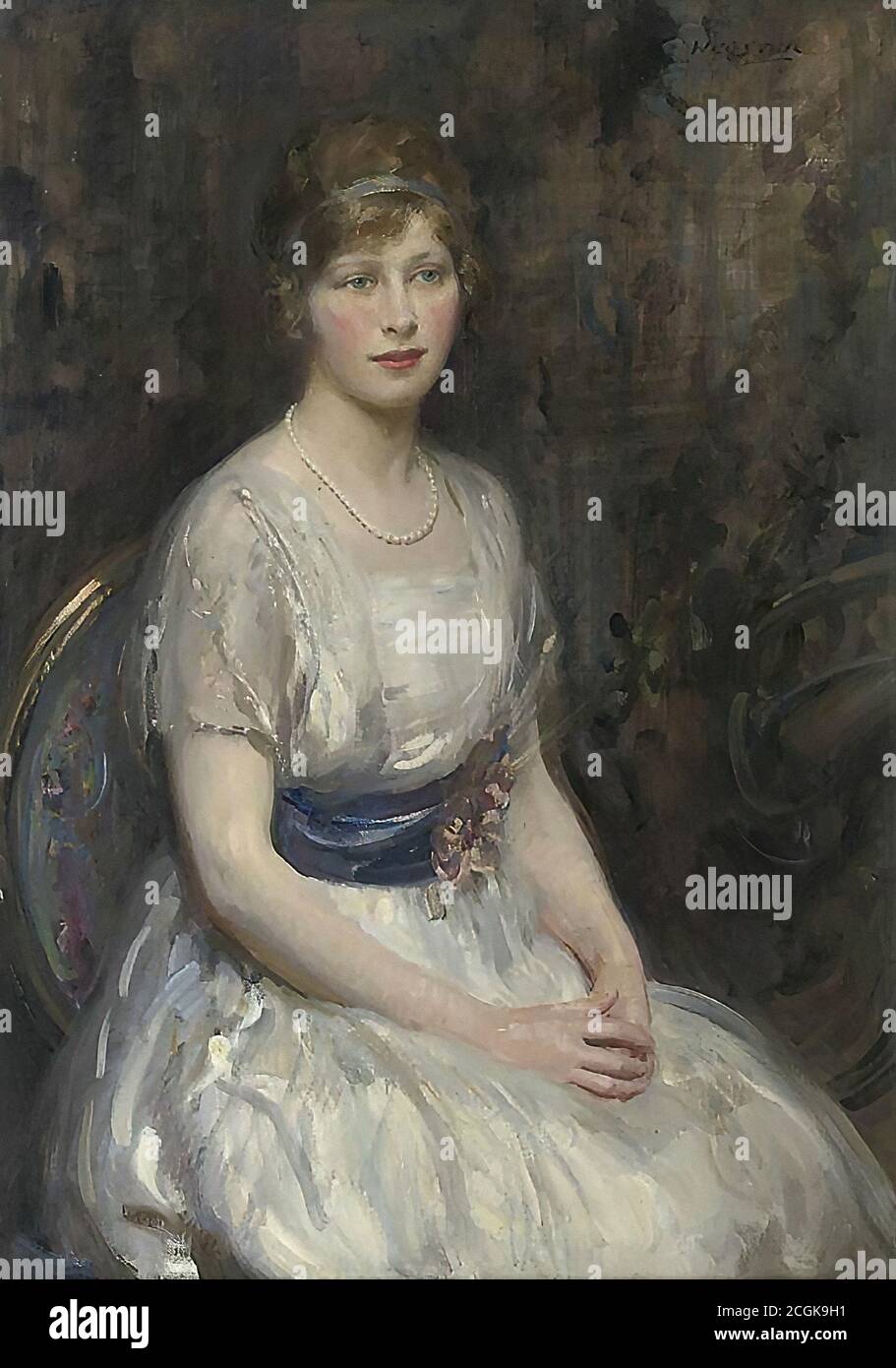 white dress with blue sash