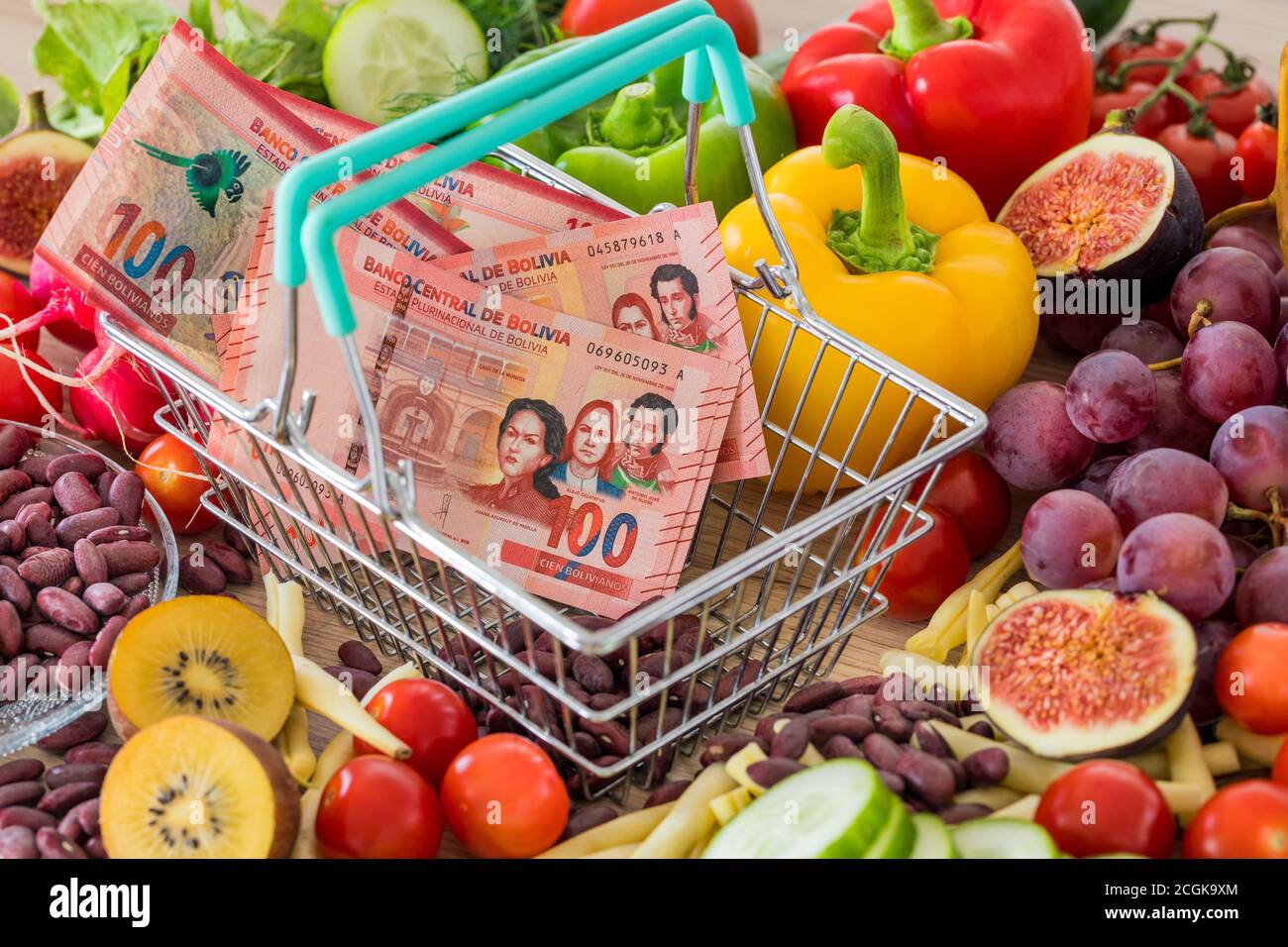 Shopping basket with Bolivian money, around food products, vegetables