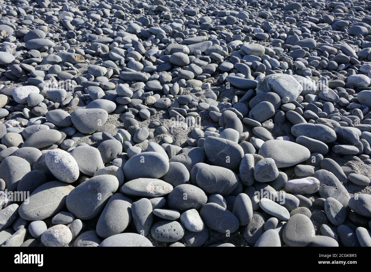 Rocky, stony nature and texture of a beach on the North Island of New Zealand Stock Photo