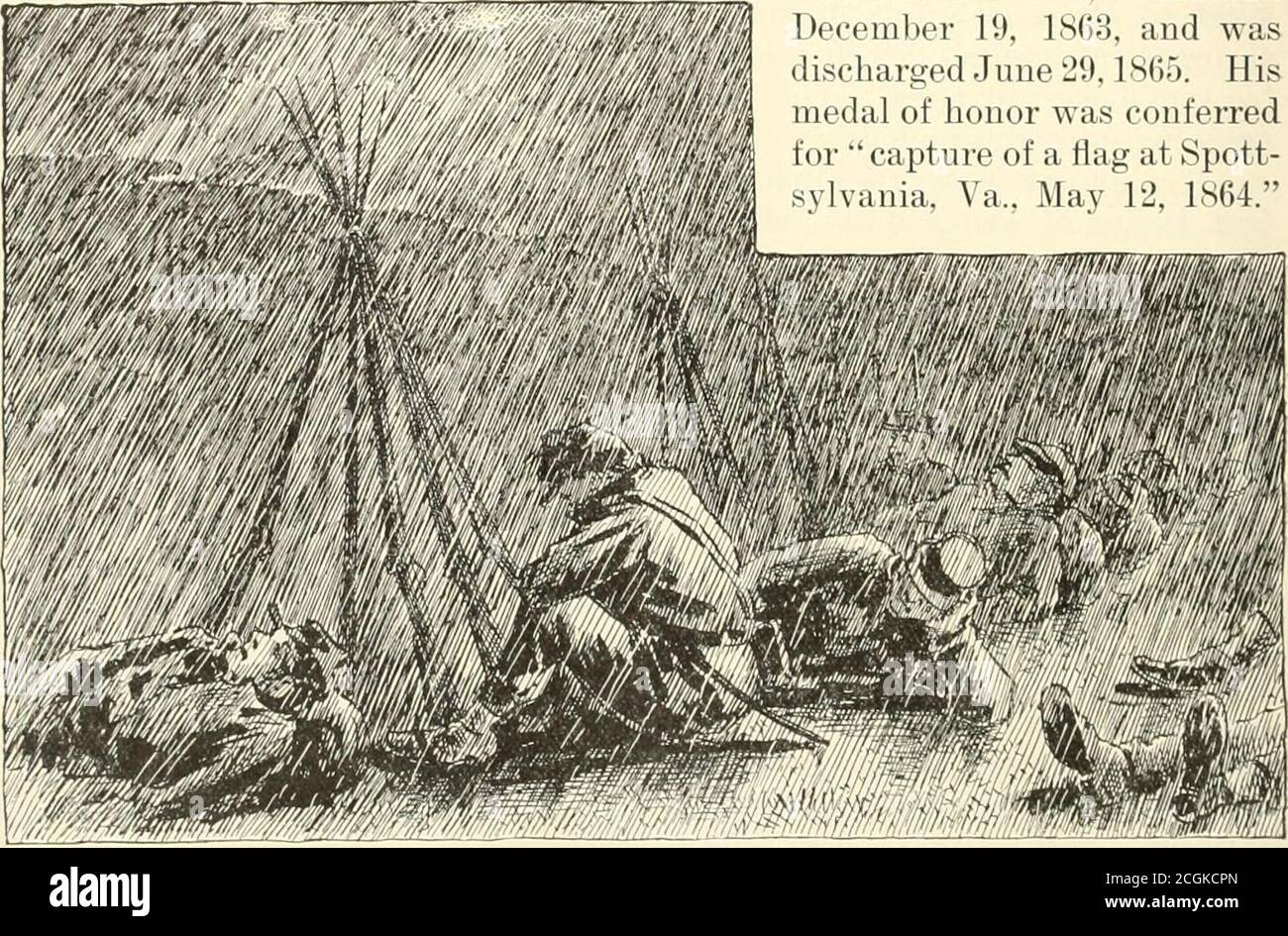 . The story of American heroism; thrilling narratives of personal adventures during the great Civil war, as told by the medal winners and roll of honor men . until wounded in the right leg so severelythat amputation was necessary on the same day. When carried from the field he still held the bit of bunting which hadcost at least one life. It was stained with his blood until the striijes. which 398 THE STORY OF had been white, conld not be distinguished from the red. and it was still inhis hands when the surgeons mutilated him that he might live yet a littlelonger. For his bravery he was promot Stock Photo