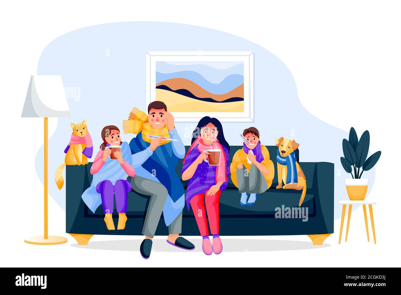 Flu sick family with pets sitting on sofa in room. Father, mother, children, cat and dog has seasonal cold respiratory infection disease. Vector flat Stock Vector