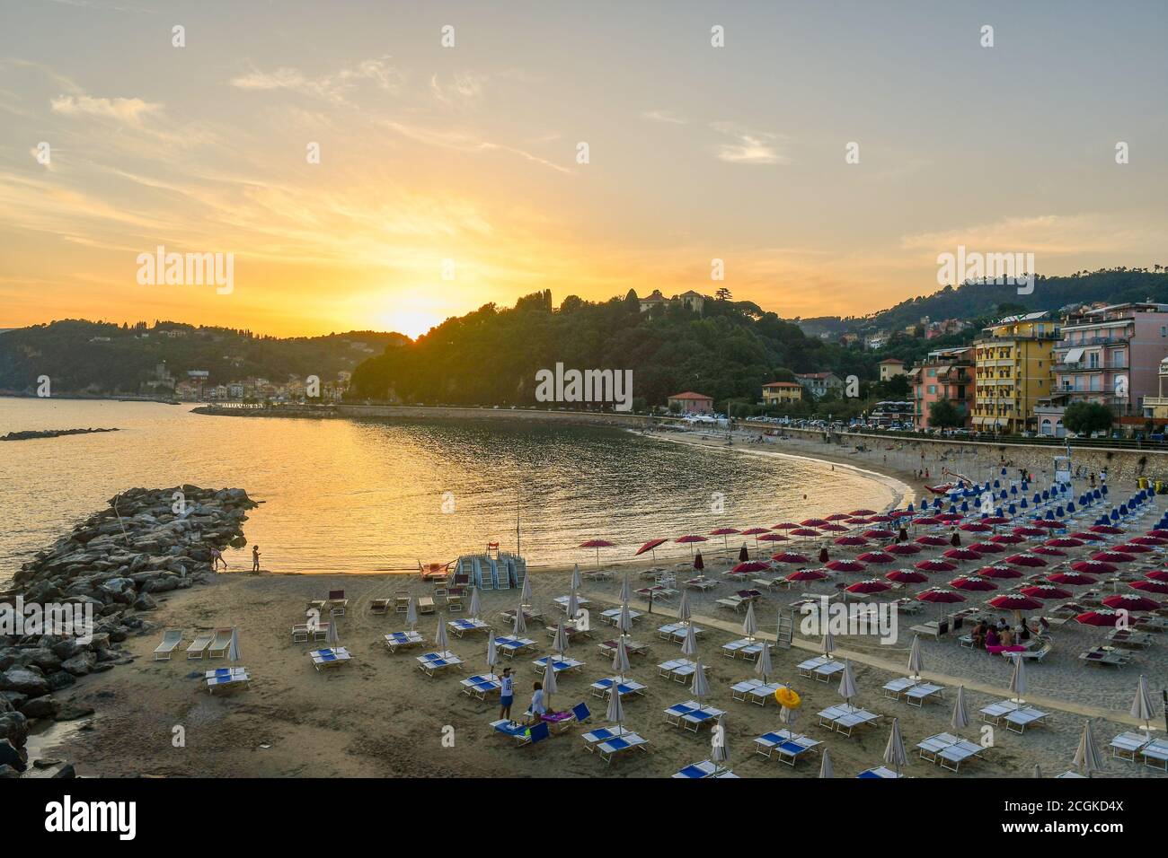 High angle view of the sandy beach of the tourist destination at sunset, San Terenzo, Lerici, La Spezia, Liguria, Italy Stock Photo