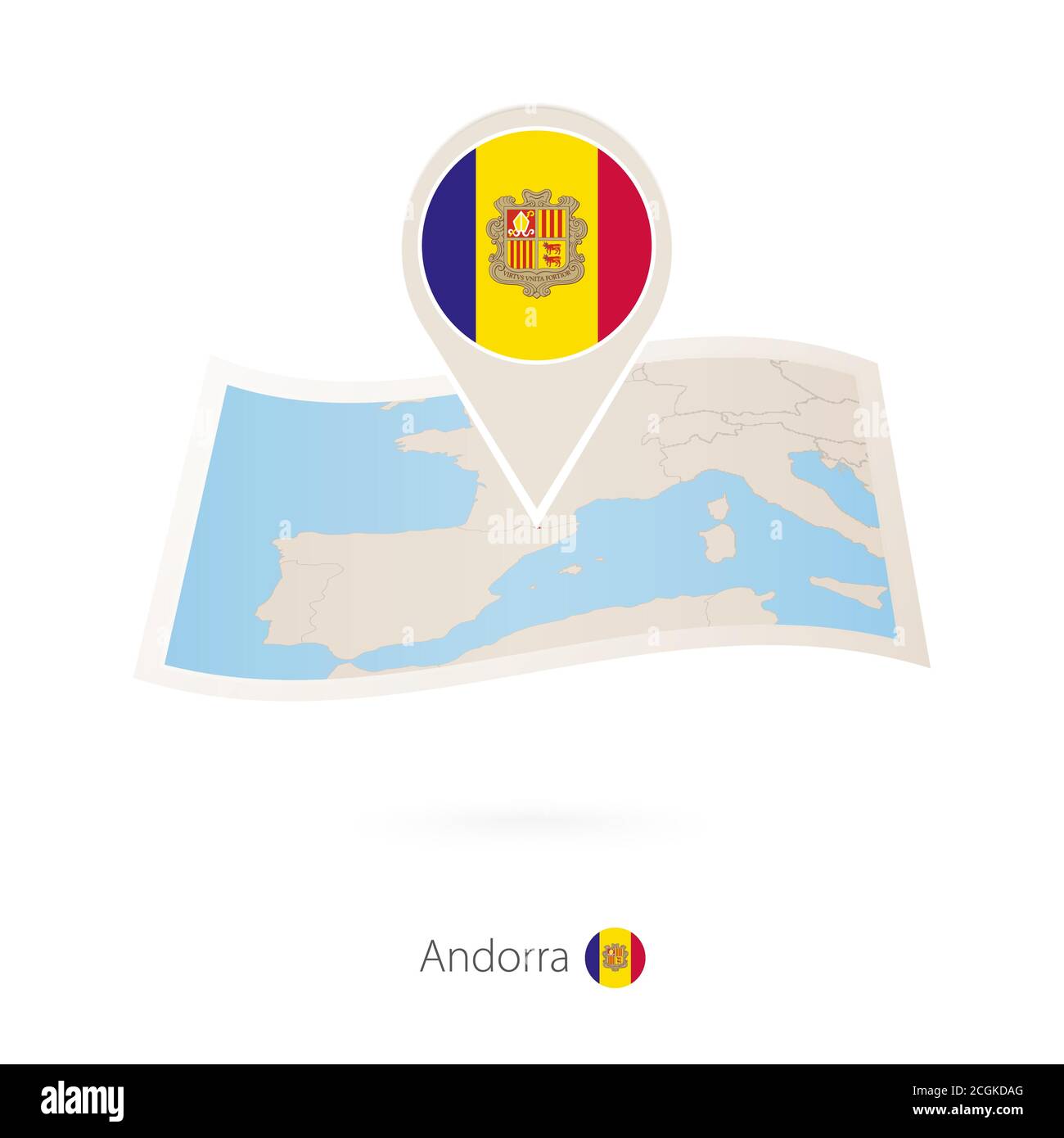 Folded paper map of Andorra with flag pin of Andorra. Vector Illustration Stock Vector
