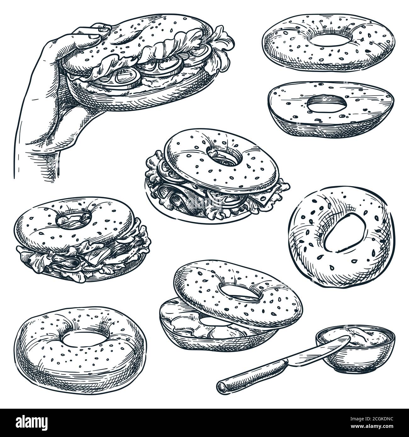 Bagel bread and sandwiches set, isolated on white background. Fast food snacks vector sketch illustration. Bun with salmon, cheese, ham and tomato. Ca Stock Vector