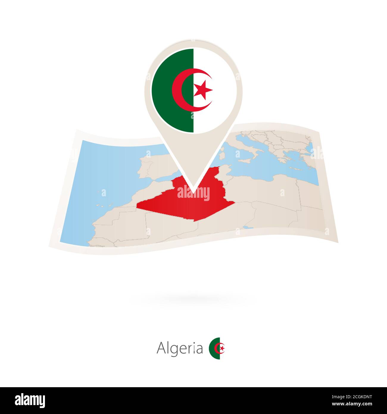 Folded paper map of Algeria with flag pin of Algeria. Vector Illustration Stock Vector
