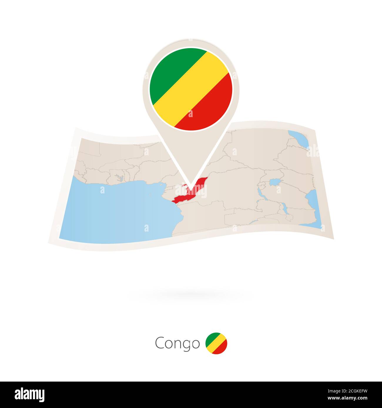 Folded paper map of Congo with flag pin of Congo. Vector Illustration Stock Vector