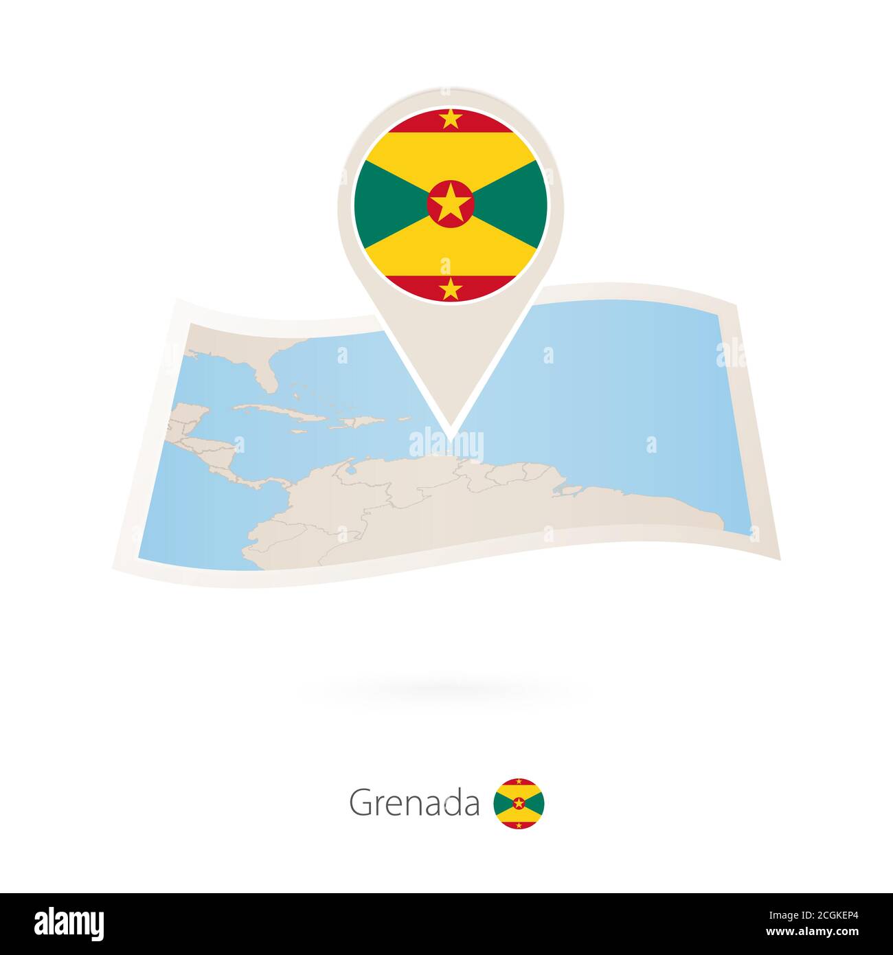 Folded paper map of Grenada with flag pin of Grenada. Vector Illustration Stock Vector