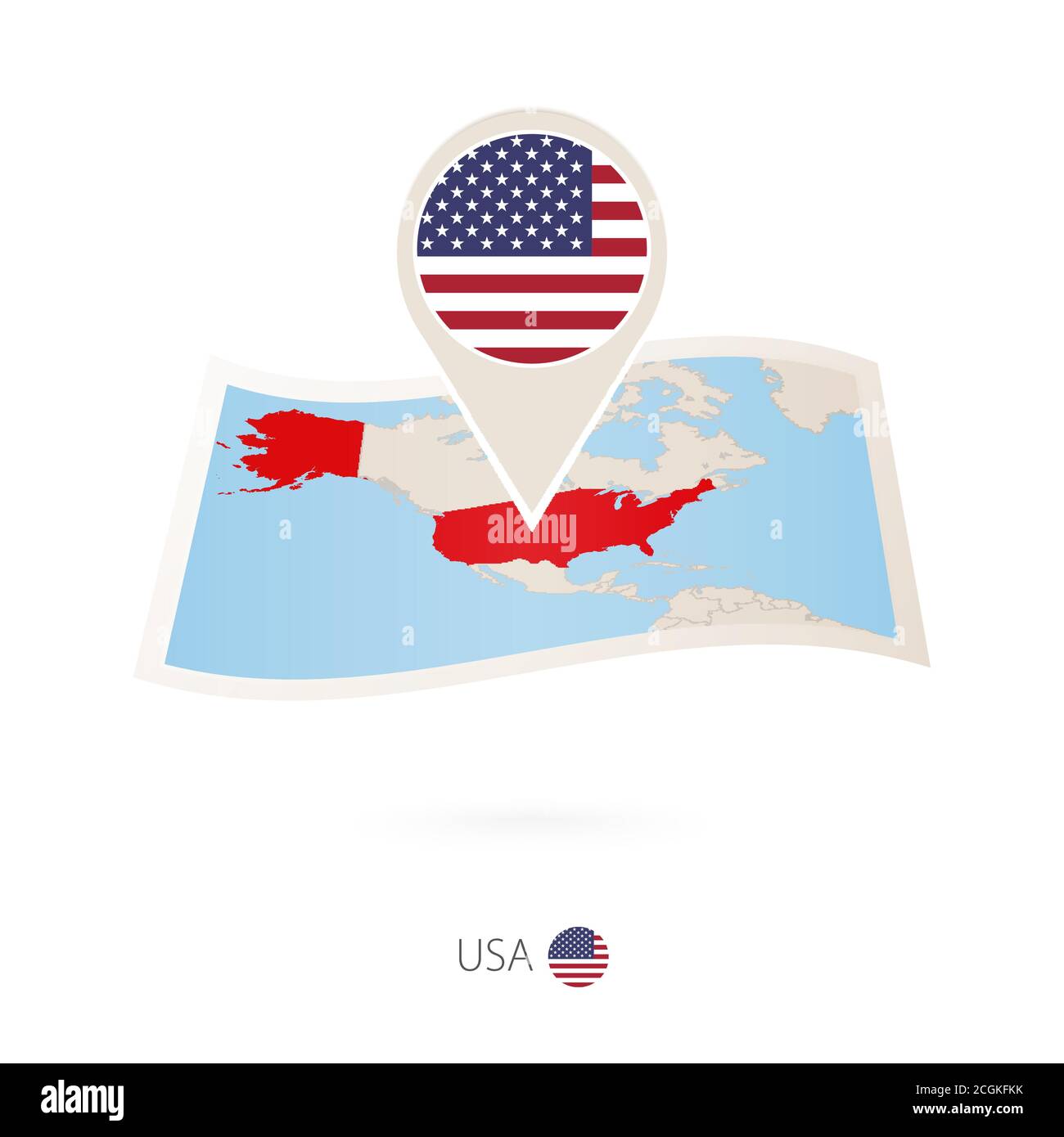 Folded paper map of USA with flag pin of United States of America ...