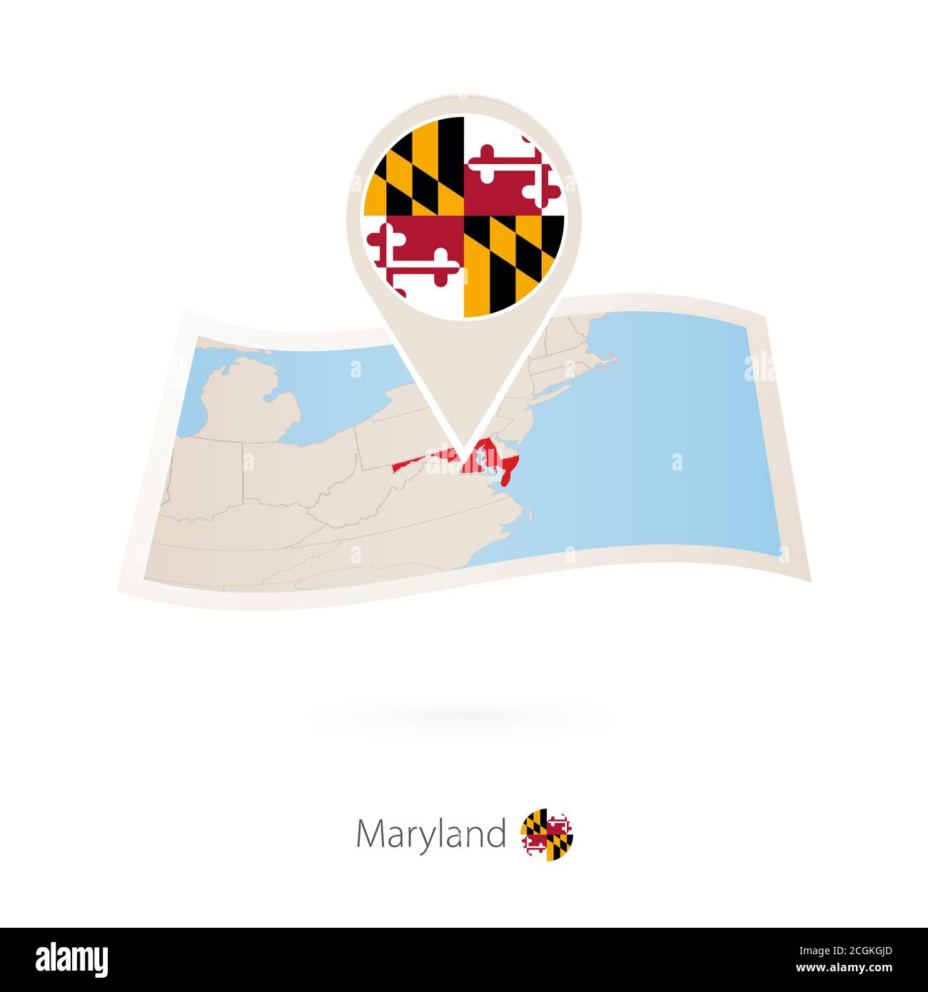 Folded paper map of Maryland U.S. State with flag pin of Maryland. Vector Illustration Stock Vector