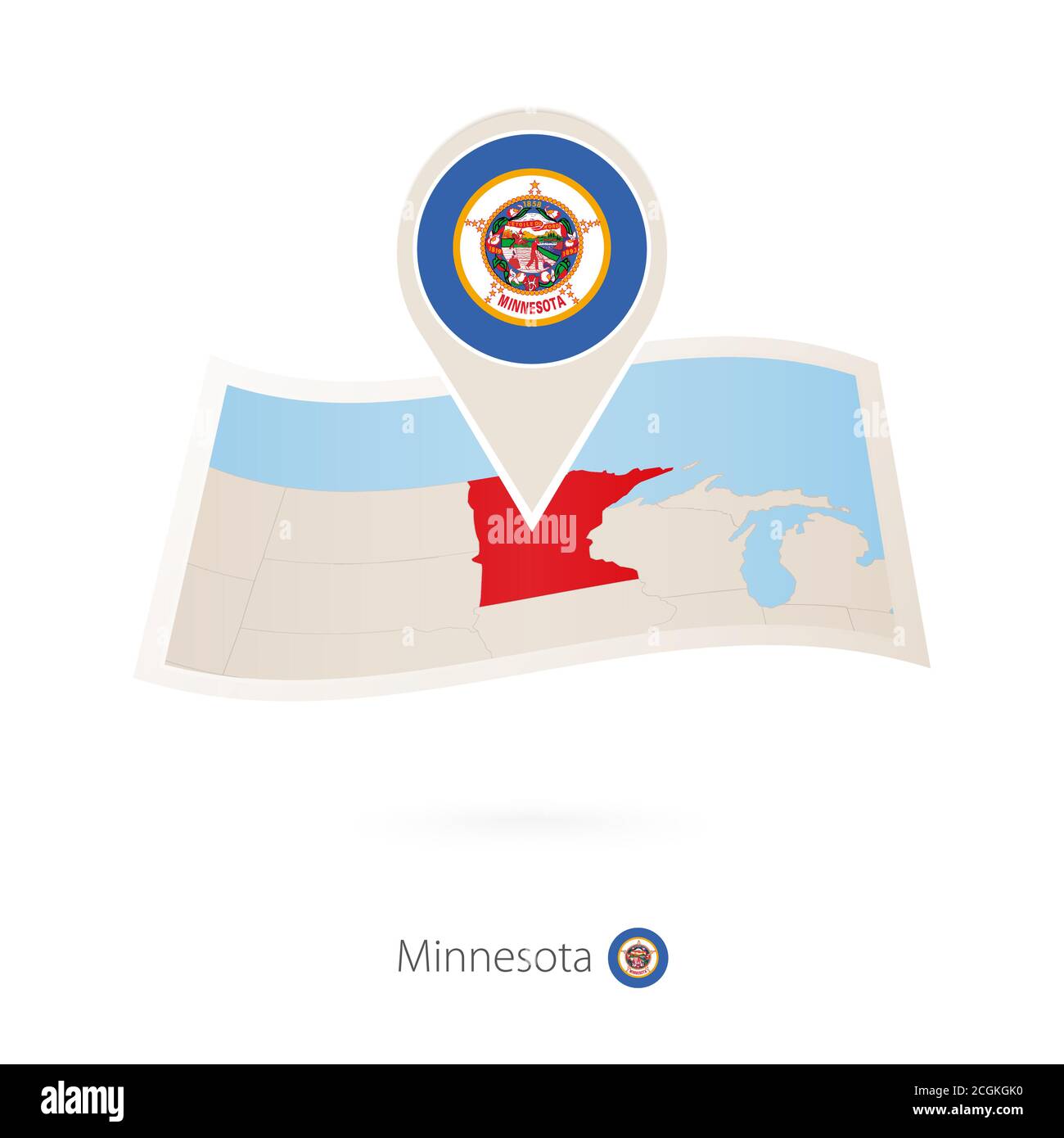 Folded paper map of Minnesota U.S. State with flag pin of Minnesota. Vector Illustration Stock Vector