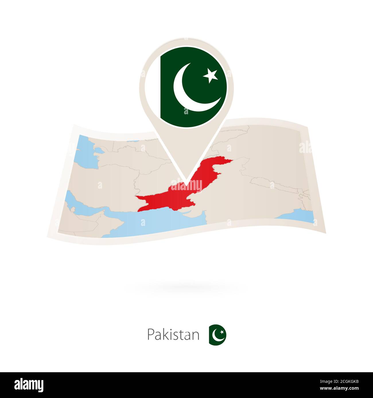 Folded paper map of Pakistan with flag pin of Pakistan. Vector Illustration Stock Vector