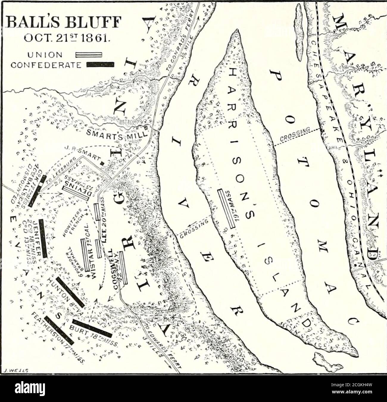 . Battles and leaders of the Civil War : being for the most part contributions by Union and Confederate officers . f remaining with Grorman at Edwards Ferry to direct the crossing there, General Stone placed Colonel E. D. Baker, of the 71st Pennsylvania Regiment (also called the 1st California, in compliment to Colonel Baker), in command of the movement by Harrisons Island and Balls Bluff, under the following orders: Headquarters Corps of Observation, Edwards Ferry, October 21st —11: 50.— ColonelE. D. Baker, Commanding Brigade. Colonel : I am informed that the force of the enemyis about 4000, Stock Photo