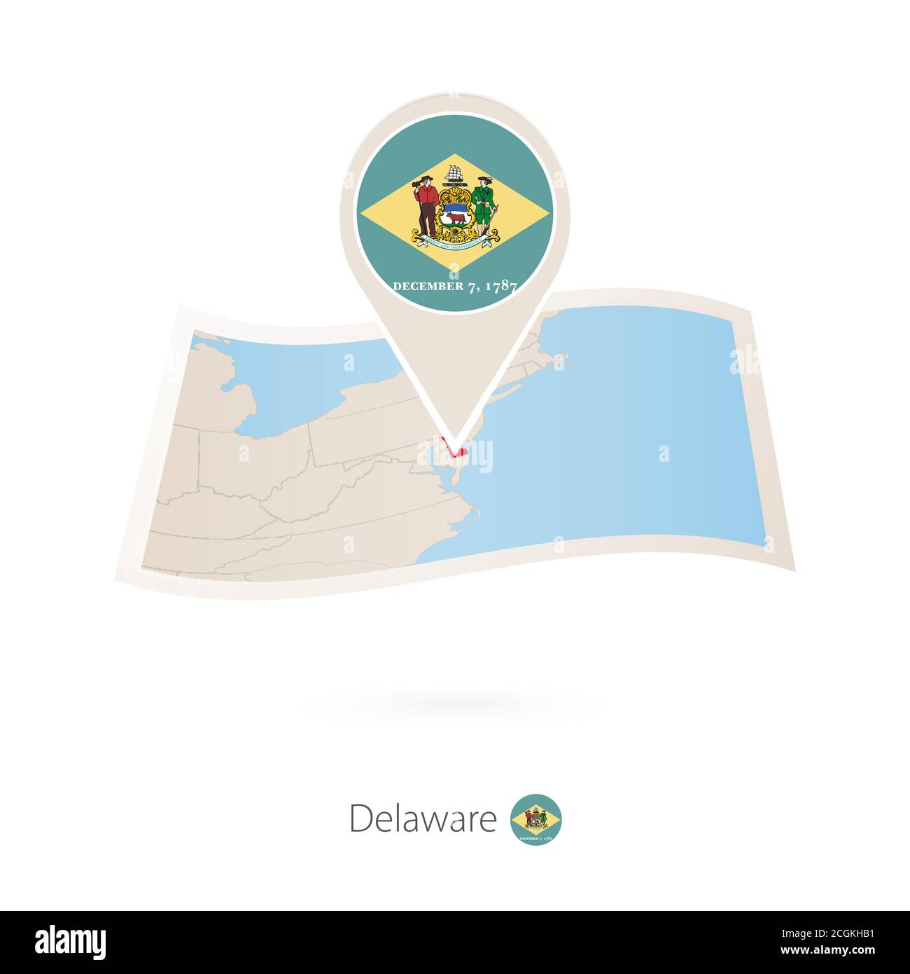 Folded paper map of Delaware U.S. State with flag pin of Delaware. Vector Illustration Stock Vector