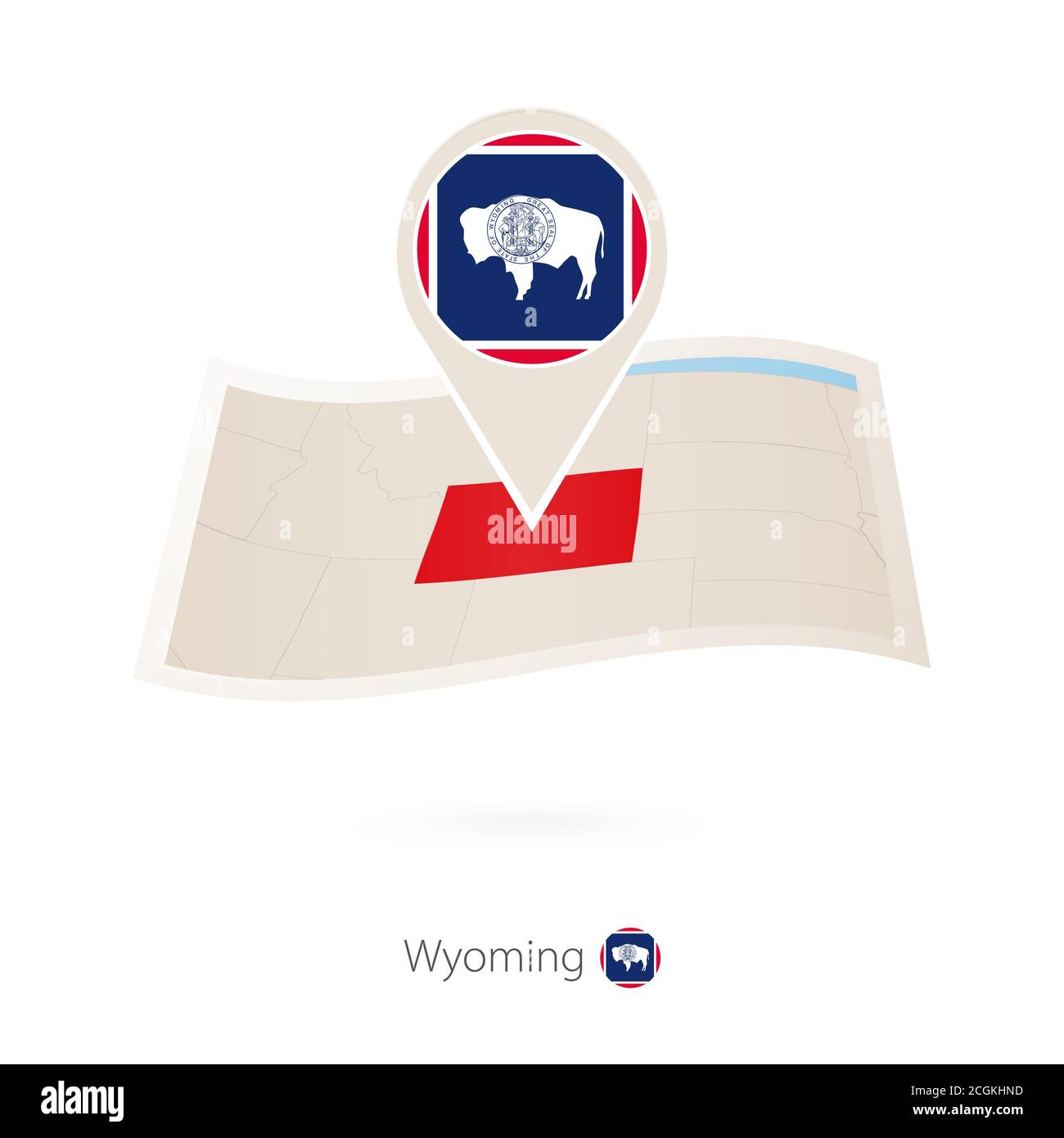 Folded paper map of Wyoming U.S. State with flag pin of Wyoming. Vector Illustration Stock Vector