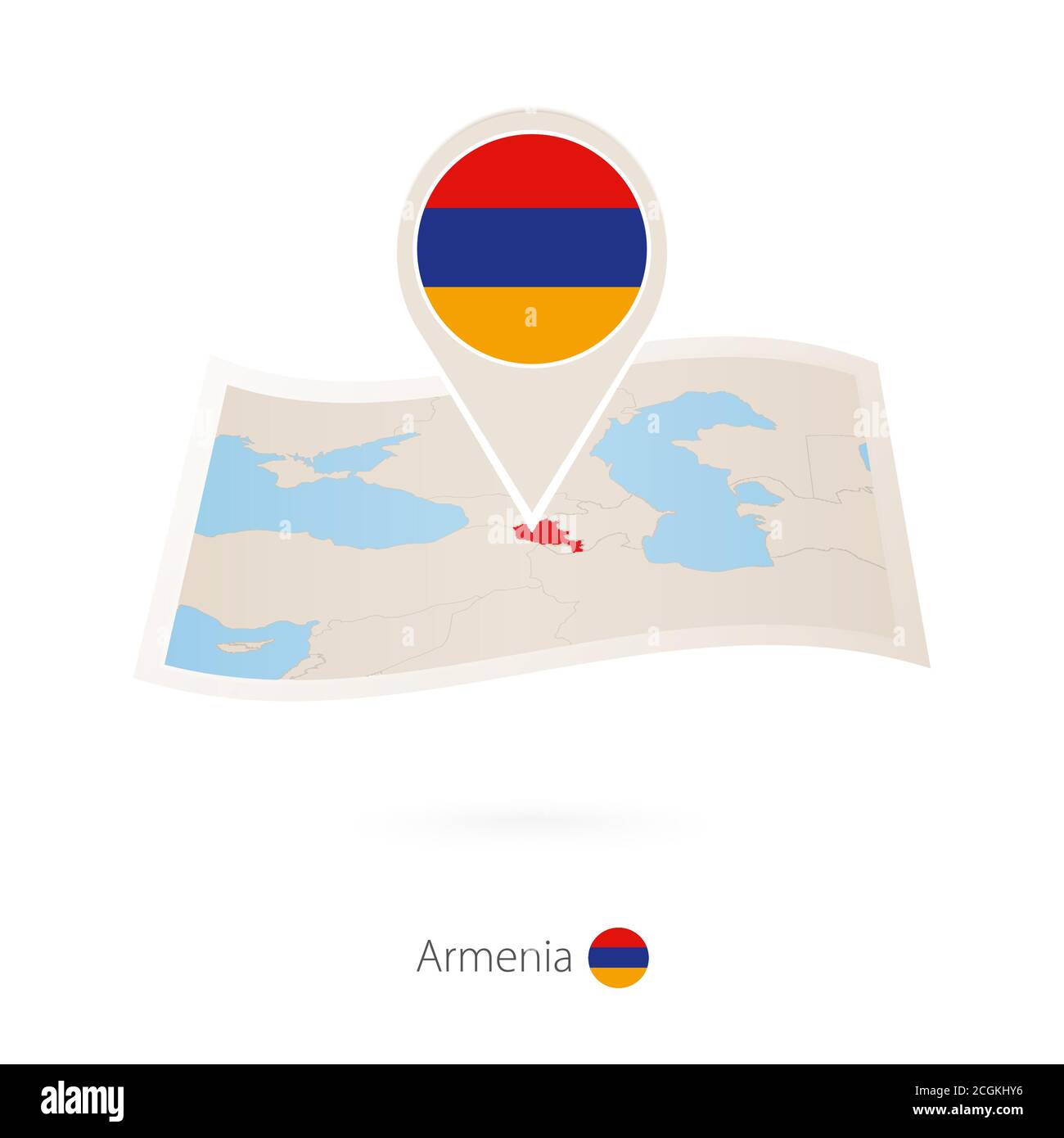 Folded paper map of Armenia with flag pin of Armenia. Vector