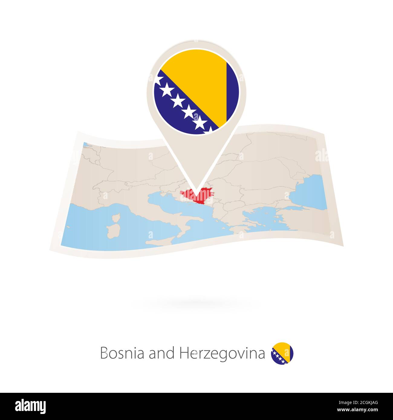 Folded paper map of Bosnia and Herzegovina with flag pin of Bosnia and ...