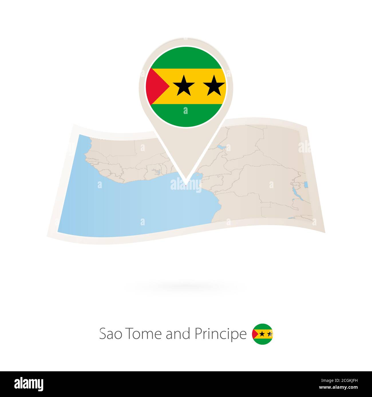Folded paper map of Sao Tome and Principe with flag pin of Sao Tome and