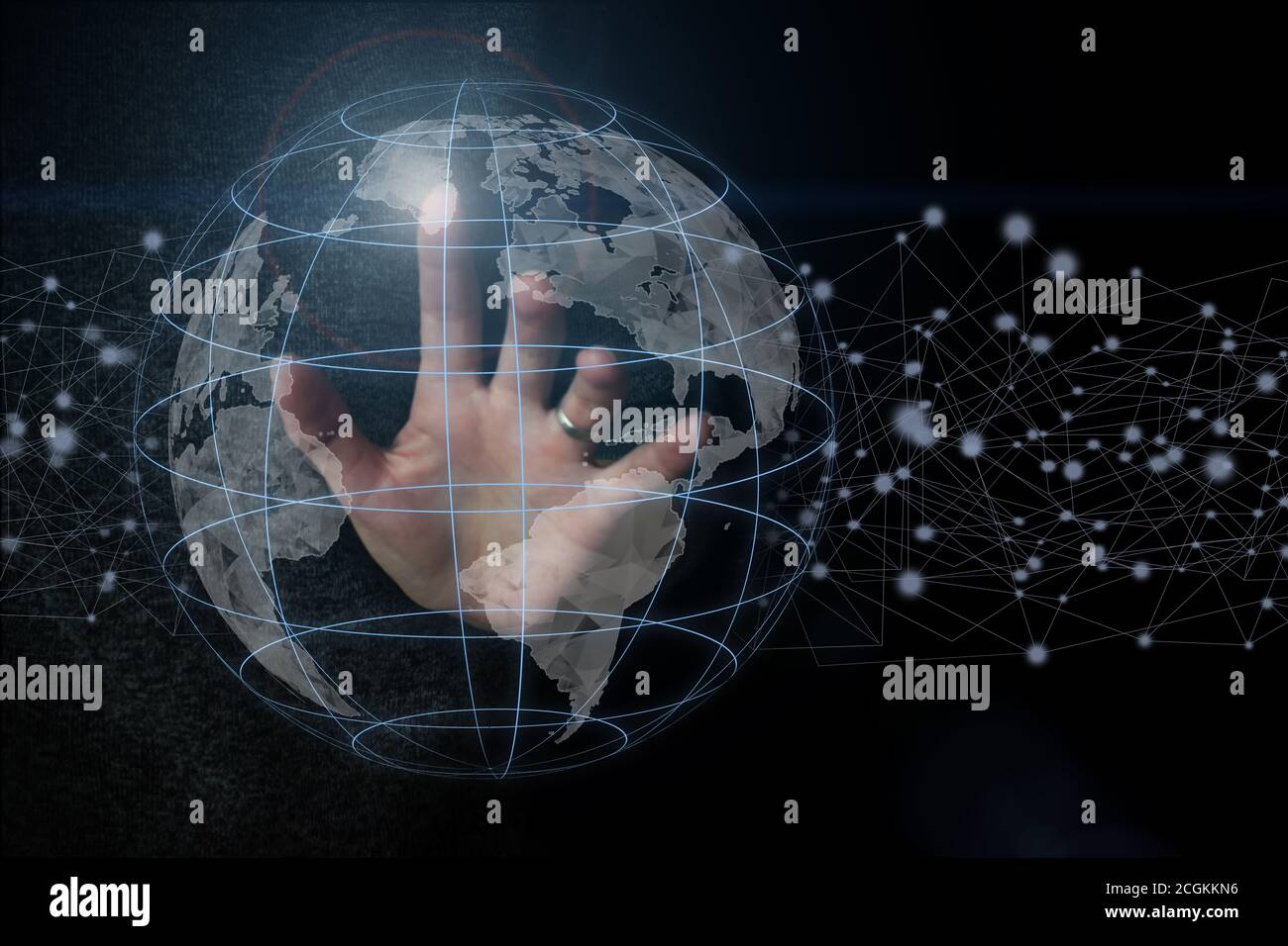 Hand touching global network and data exchanges over the world, Internet network for fast data exchange around planet Earth from space Stock Photo
