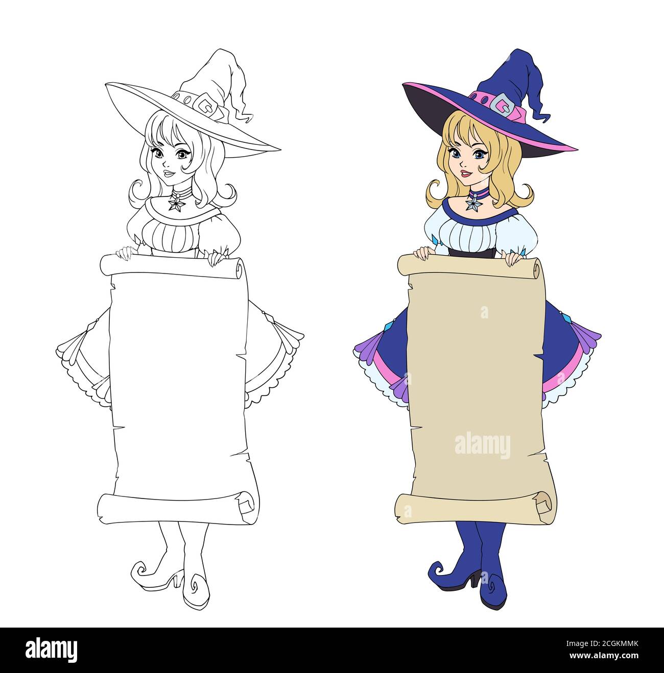 Beautiful cartoon witch holding 