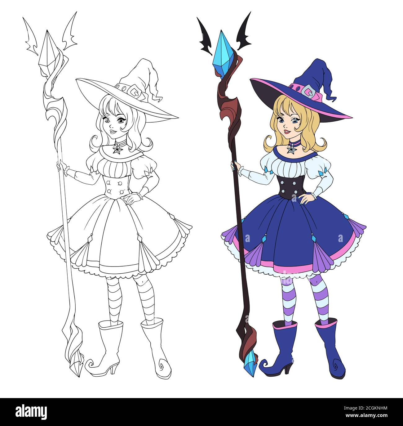 Beautiful cartoon witch holding big staff. Blonde hair, blue dress and big  hat. Hand drawn vector illustration for coloring book. Isolated on white  Stock Vector Image & Art - Alamy