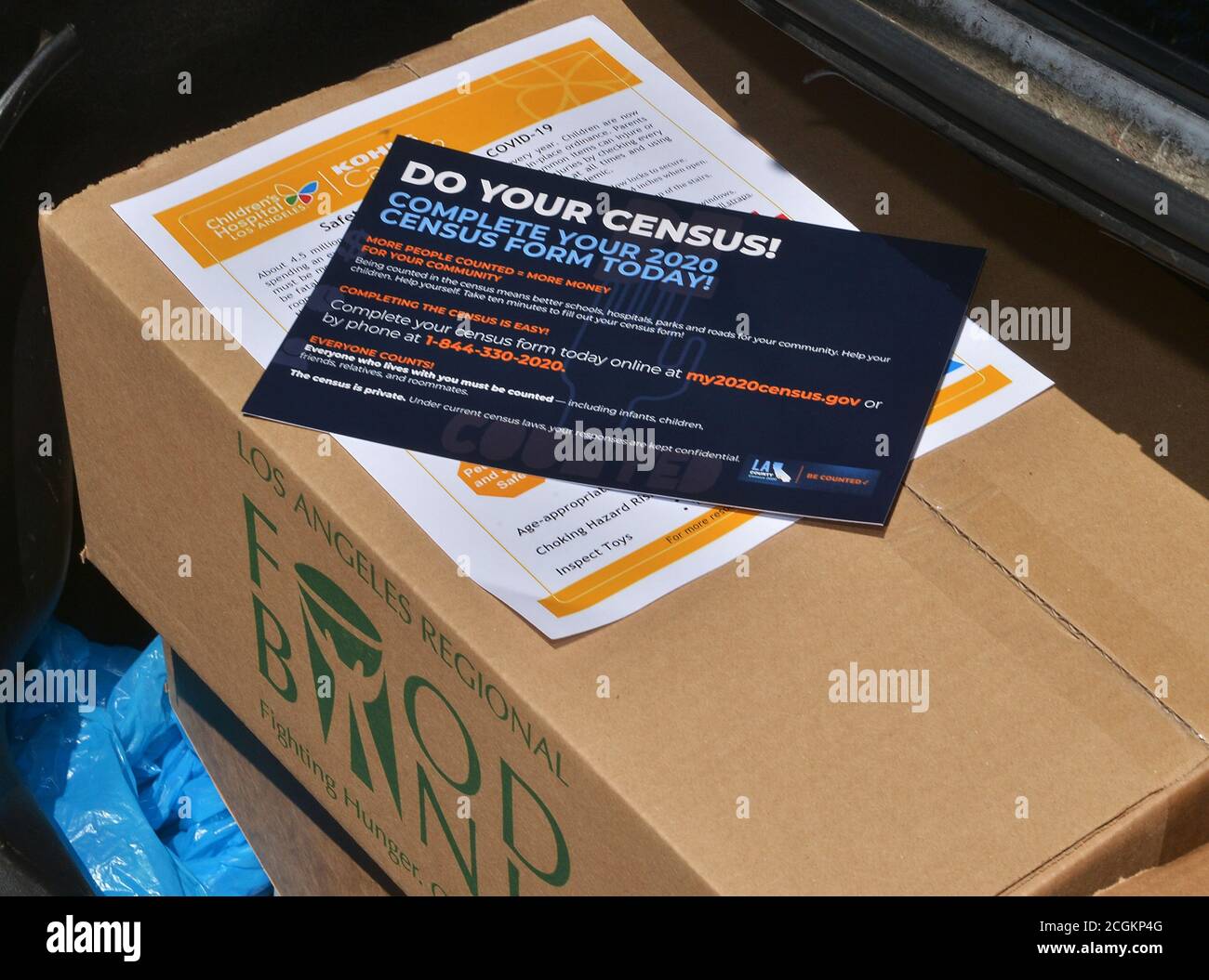 Los Angeles, United States. 11th Sep, 2020. A pamphlet with 2020 census information is included with a box of food distributed by the Los Angeles Regional Food Bank to people facing economic or food insecurity amid the COVID-19 pandemic at the Hollywood Bowl in Los Angeles on Thursday, August 27, 2020. A three-judge panel in New York on Thursday, blocked Donald Trump's order seeking to erase undocumented immigrants from the 2020 census. File Photo by Jim Ruymen/UPI Credit: UPI/Alamy Live News Stock Photo