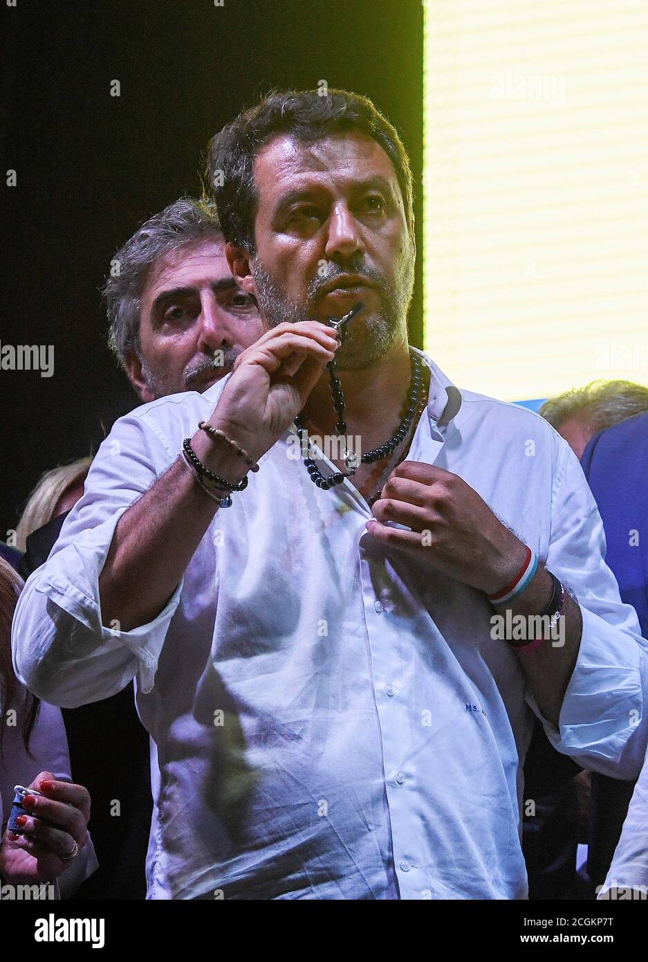Naples, Italy. 11th Sep, 2020. Naples, Matteo Salvini wearing and kissing a new rosary, at the electoral rally to support the candidate for the Campania region Stefano Caldoro. Credit: Independent Photo Agency/Alamy Live News Stock Photo