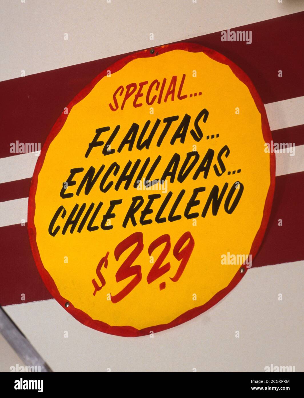 EL PASO, TEXAS Mexican restaurant food sign for flautas, enchiladas and chile relleno Stock