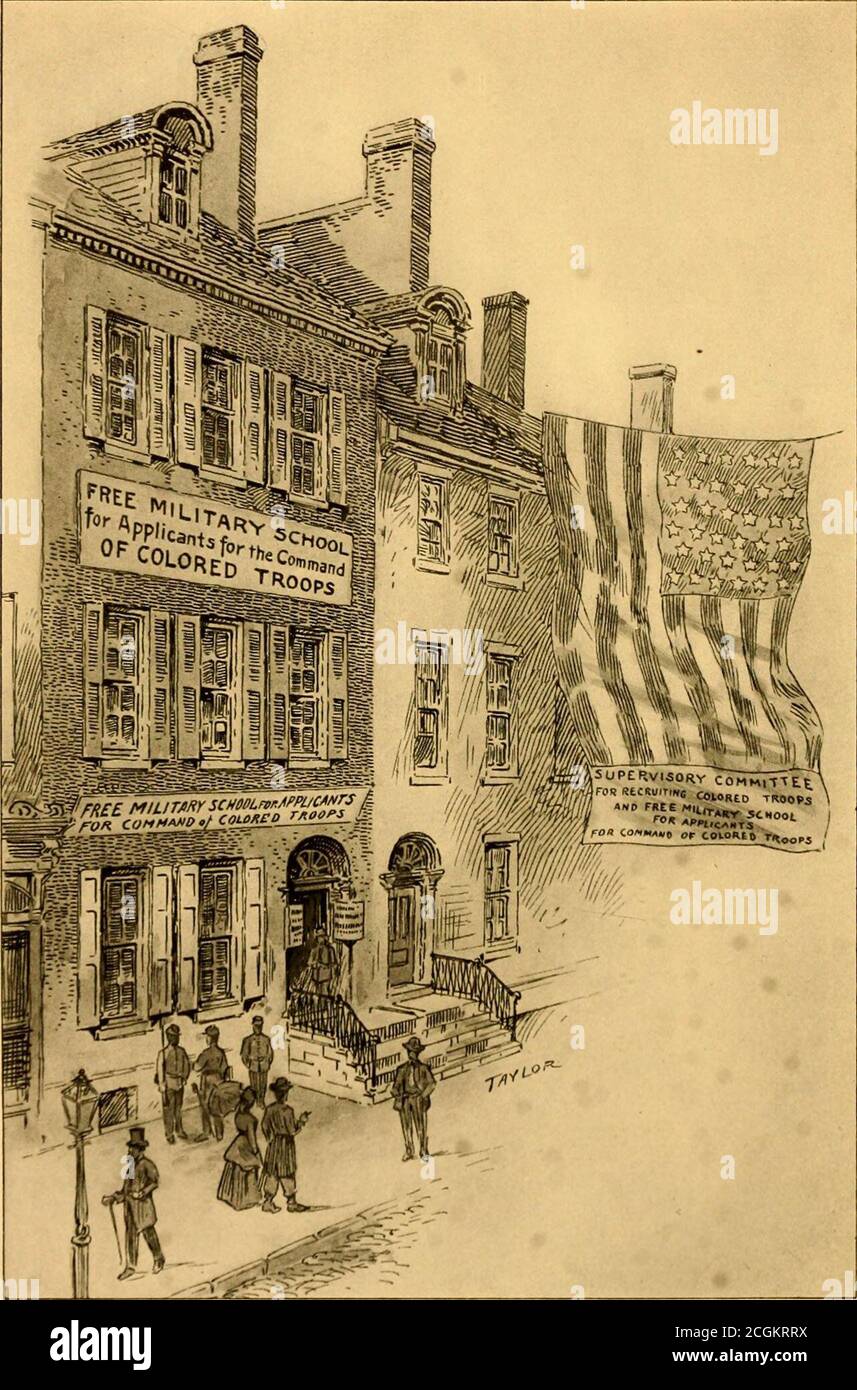 . Philadelphia in the Civil War, 1861-1865 . SCHOOL FOrt THE SELFXTION OF OFFICERS OF COLORED REGIMENTS, 12:0 Chestnut Street. ARMY BANDS THE formation of the several Philadelphia regiments of thethree-months service included the enlistment of many of thebest military musicians in the city. In some cases the pay forextra musicians was borne by the regimental officers. Asso-ciations of patriotic citizens subscribed to enable favorite regiments tokeep numerically strong bands in the field.* When the short term regi-ments came home and recruiting became active for the three yearsregiments nearly Stock Photo