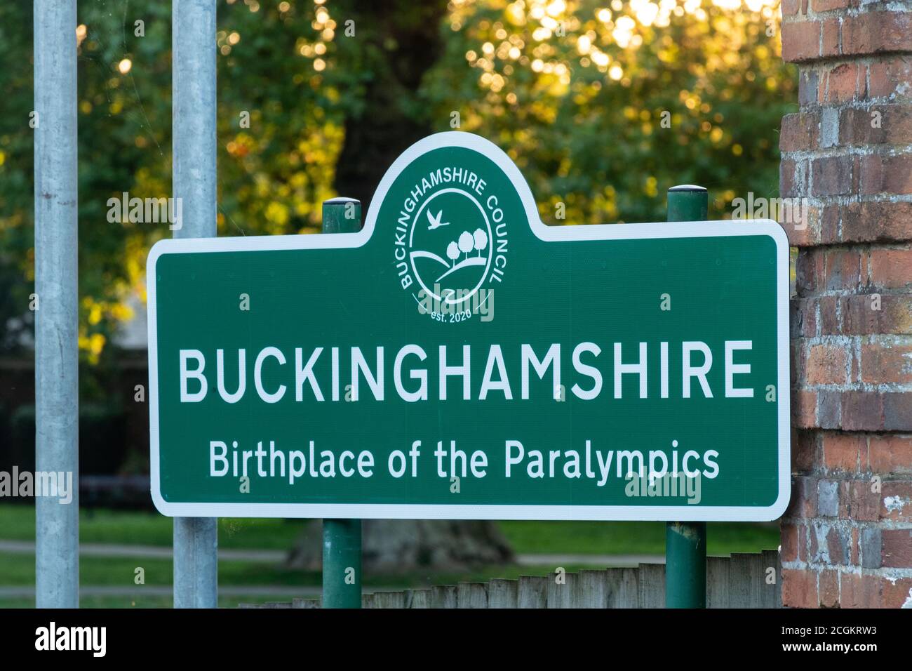 Buckinghamshire county sign, birthplace of the paralympics, UK Stock Photo