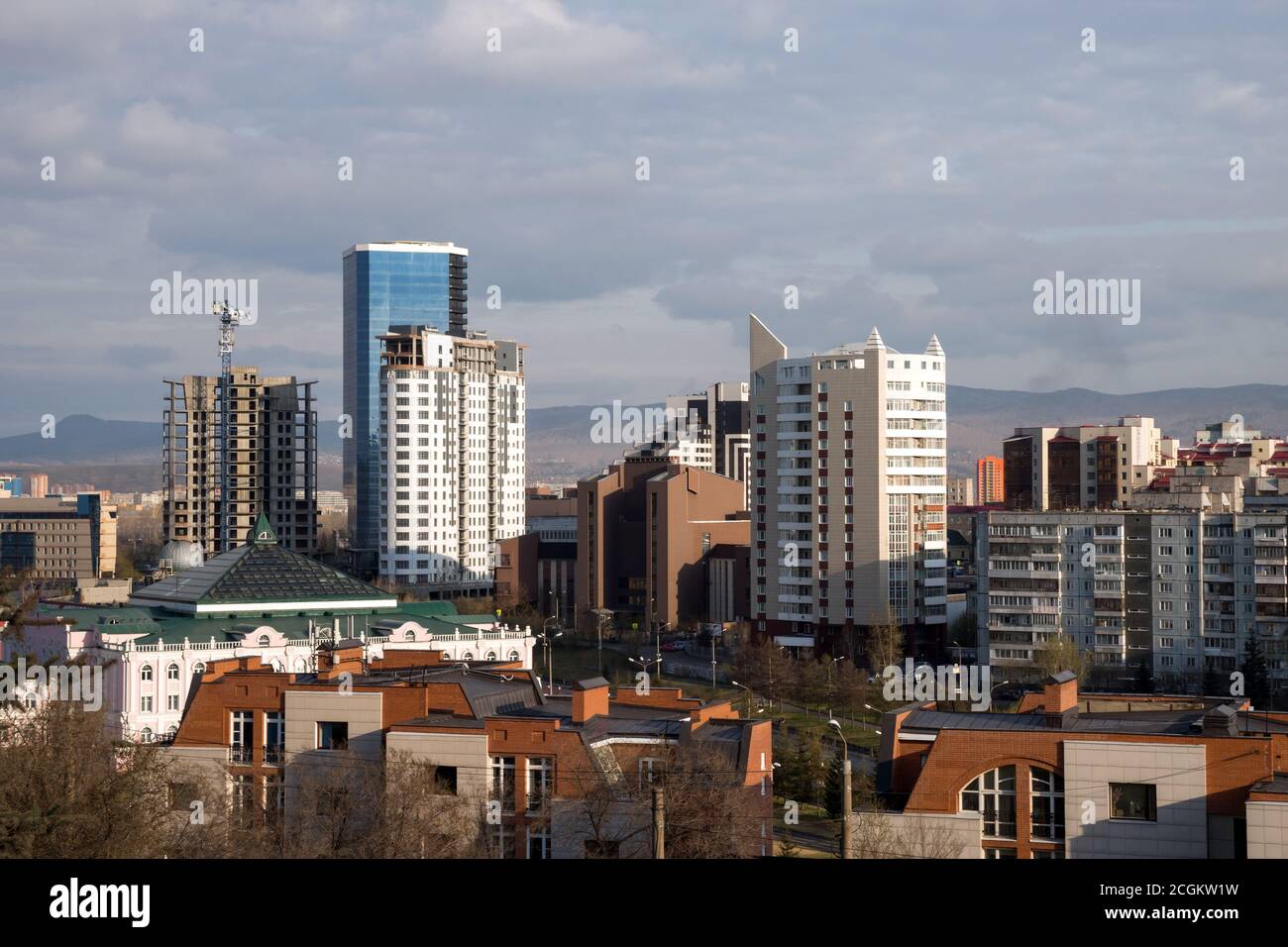 View of the central district of the city of Krasnoyarsk from the Poklonnaya mountain Stock Photo