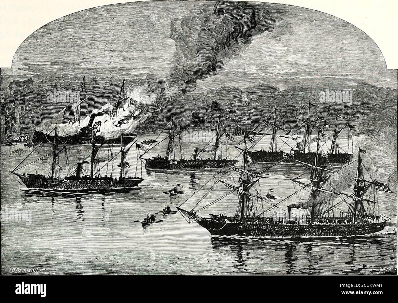 . Battles and leaders of the Civil War : being for the most part contributions by Union and Confederate officers . THE GOVERNOR MOORE, AT THE END OF THE FIGHT. FIGHTING FARRAGUT BELOW NEW ORLEANS. 87. THE GOVERNOR JIOORE IH FLAMES. The Union ships in their order, beginning with the left, are the Oneida, the Pinola, the sunken Yaruna, the Iroquois,and, in the foreground, the Pensacola. [See note concerning the Pinola and the Iroquois, p. 84.] —Editors. went to the gangway to see if any wounded had been placed in our boat,for I expected the boilers and the magazines to explode at any moment, Ifo Stock Photo