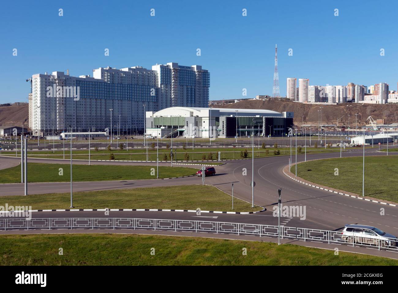 Sports Palace of Platinum Ice Arena in the neighborhood Quiet Dawns of Krasnoyarsk city, built for the Winter Universiade 2019. Stock Photo