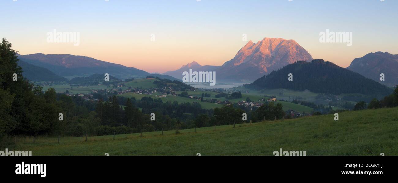 Enns valley with mount Grimming at sunrise, Styria, Alps, Austria Stock Photo