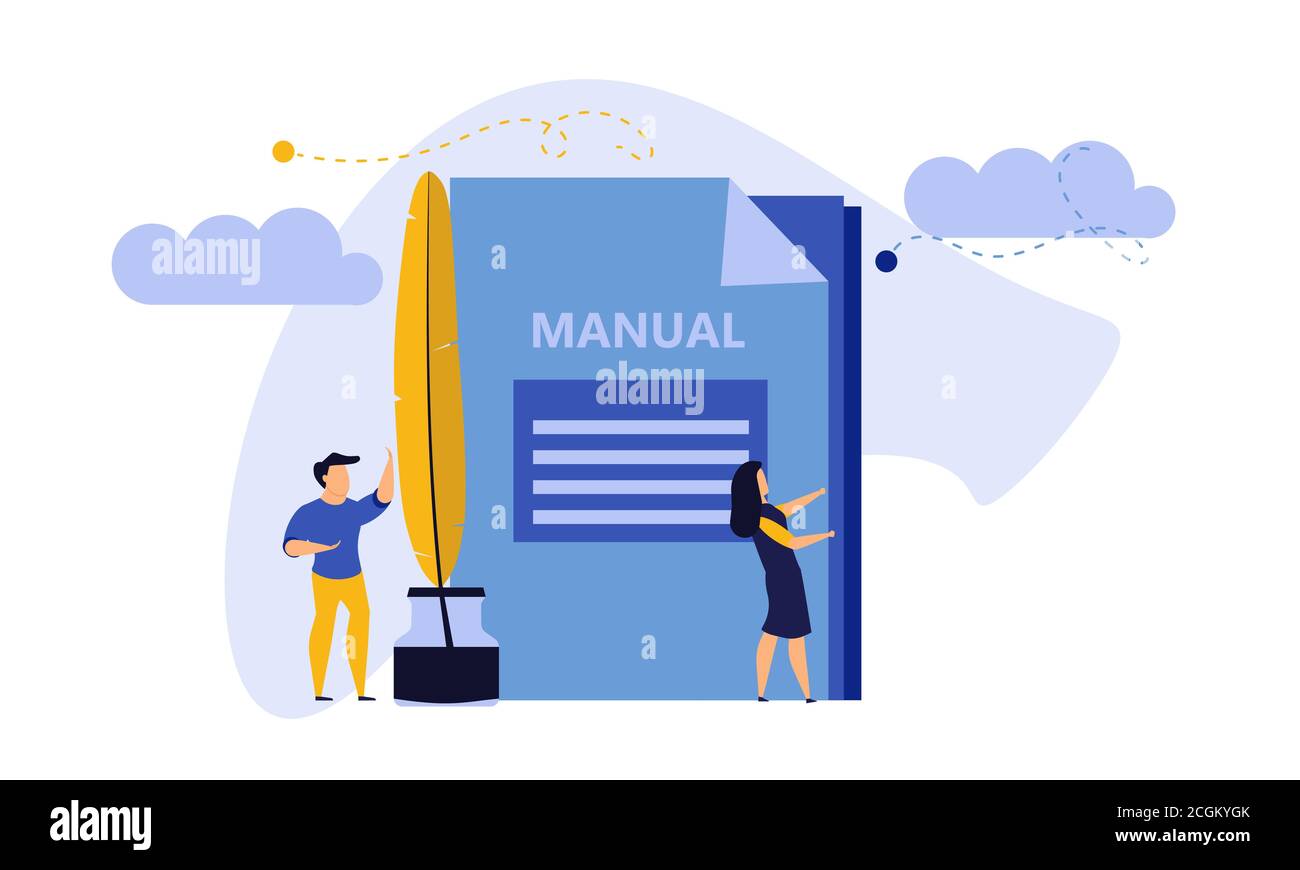Man and woman create document book manual. Business handbook advice content vector. Online web paper digital illustration article journalism. Social m Stock Vector